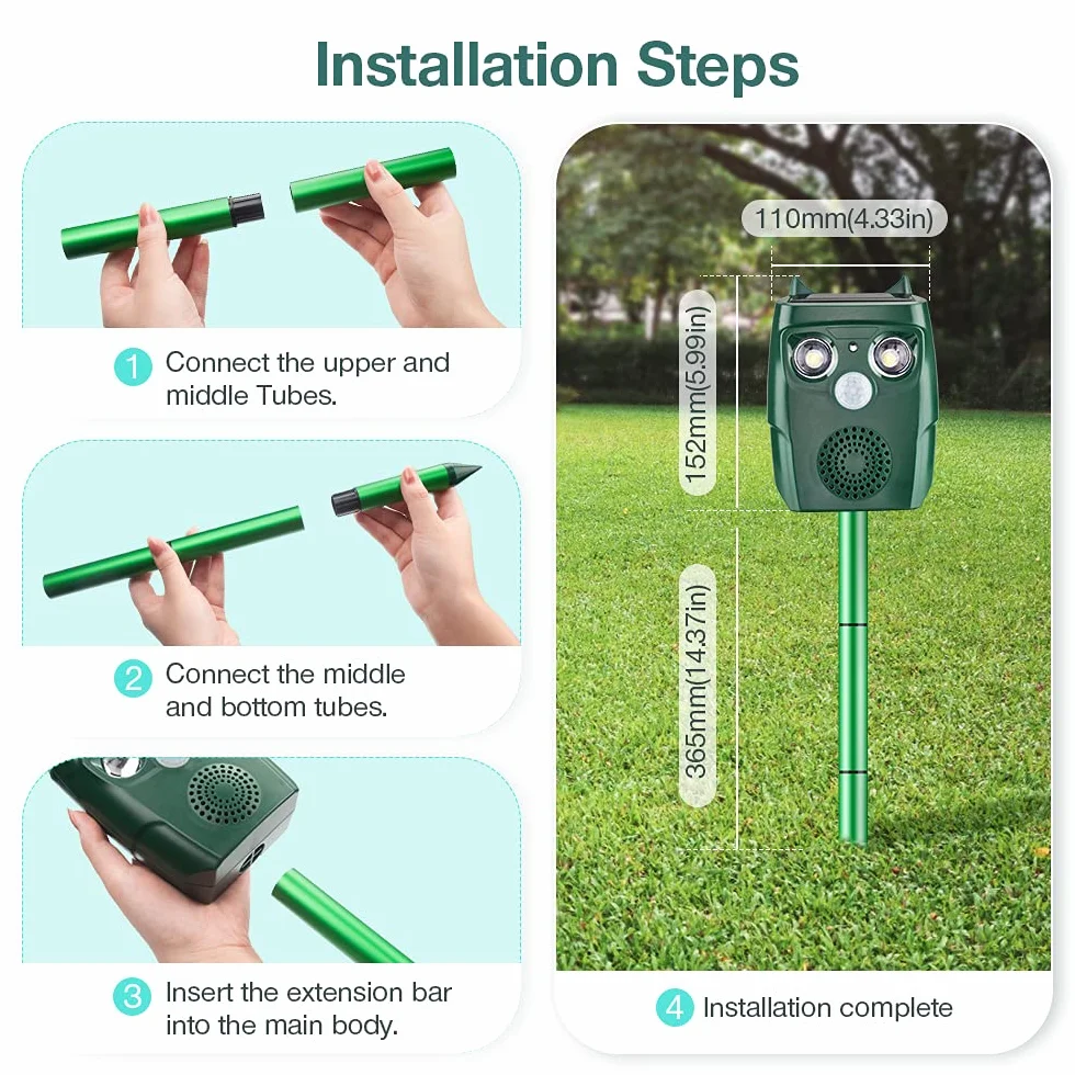 Répulsif Chat Exterieur, Répulsif Chat Ultrason Solaire, Ultrason Anti Chats, Charge de Solaire USB, Répulsif Animaux pour Jardin Chats, Oiseaux, Renard, Souris et Rat, Pigeon, Lapin