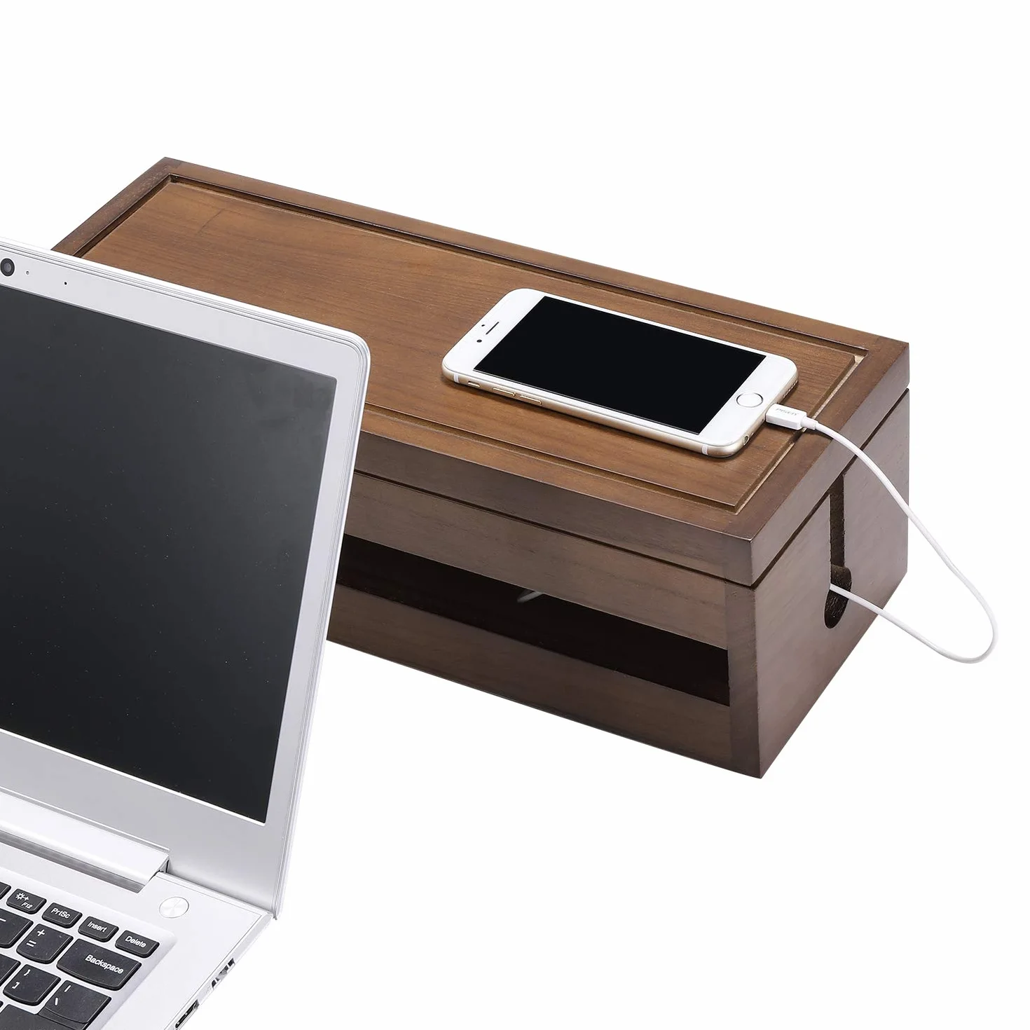 Changsuo Boîte de Gestion de Câbles en Bois, Protection Contre Les Surtensions, Couvercle de Rangement Marron
