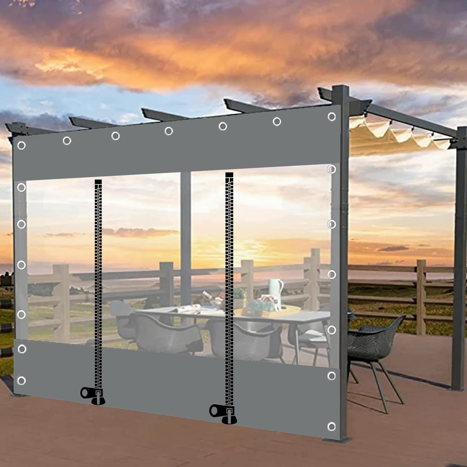 Rideaux de Bâche D'extérieur avec Fermeture Porte Éclair, Panneaux Latéraux de Bâche Imperméable en PVC Transparent de 0,5mm avec Œillets, Pergola Porche Bâche Étanche Claire Gris