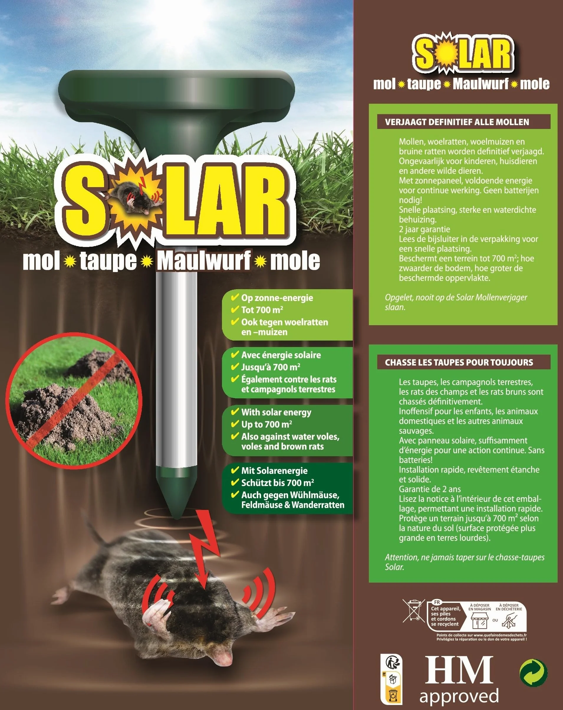 BSI Répulsif Taupes Solaire Ultrasons 700m²