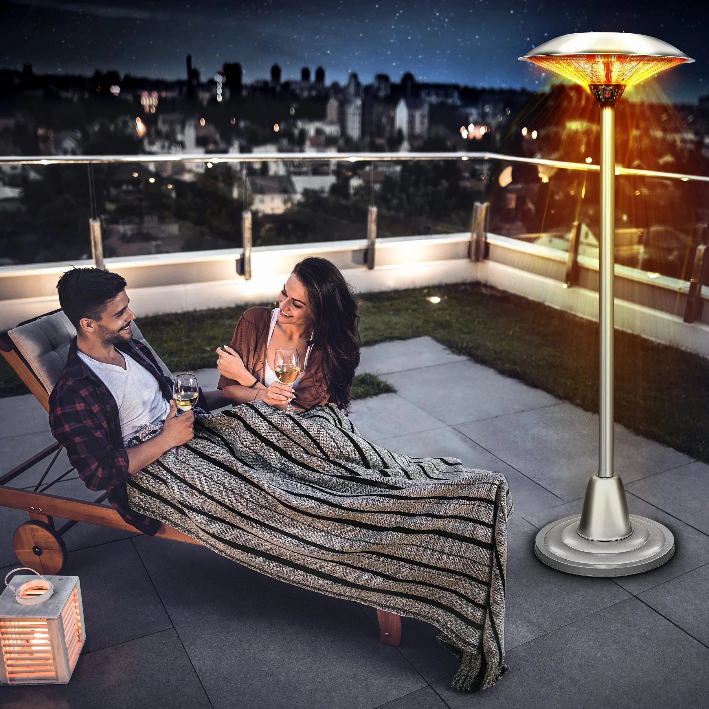 TRESKO Parasol chauffant 2500W Chauffage extérieur Infrarouge Radiateur Rayonnant Électrique de Terrasse 2 Niveaux de Chaleur
