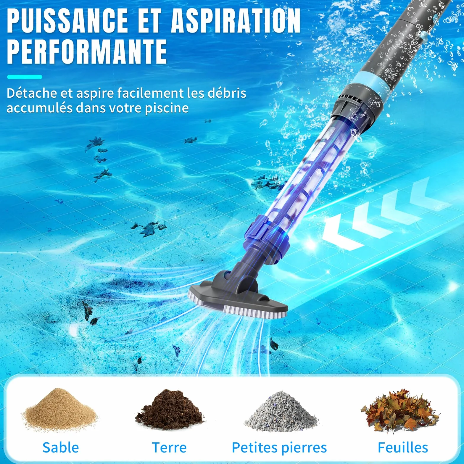 LEADZM Aspirateur Piscine Batterie sans Fil 4000mAh, Aspirateur Piscine Hors Sol pour Spa, 60 Min Autonomie, 260x18x9,5 cm (Bleu)