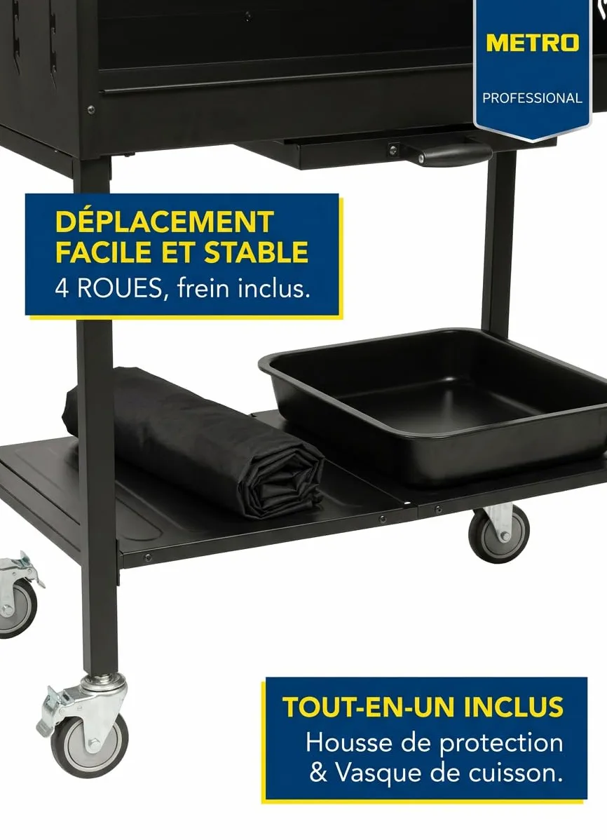 METRO Professional Barbecue DELUXE au charbon de bois sur roulettes, 137 x 68 x 94 cm, housse de protection et tablette, acier/inox, noir