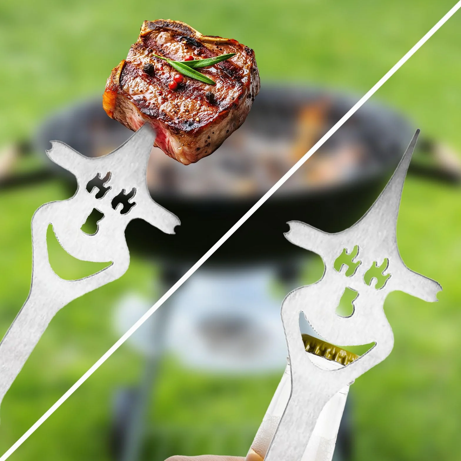 Set Ustensiles Barbecue 8 en 1, Spatule 42 cm et Fourchette 33 cm, Acier Inoxydable, Bois, Décapsuleur