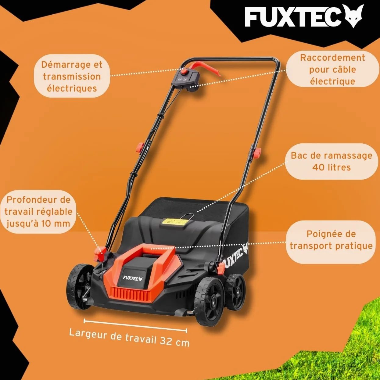 Scarificateur électrique FUXTEC, aérateur de gazon avec 1300 watts de puissance, largeur de travail 32 cm et réglages de profondeur de -12 à +10 mm, bac de ramassage 40 L