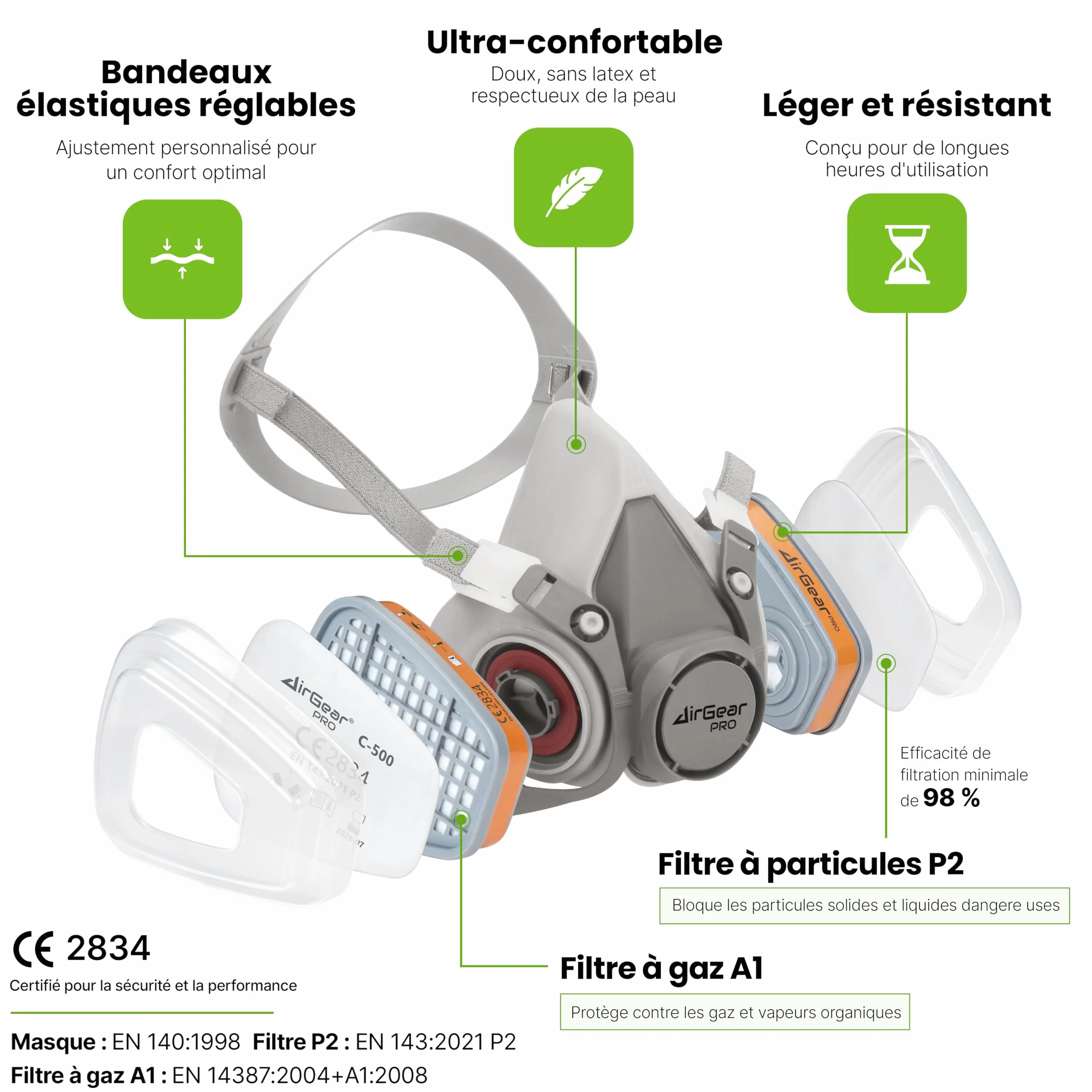 AirGearPro G-500 Masque de Protection Respiratoire Réutilisable Anti poussière Gaz avec Filtres et Lunettes de Protection