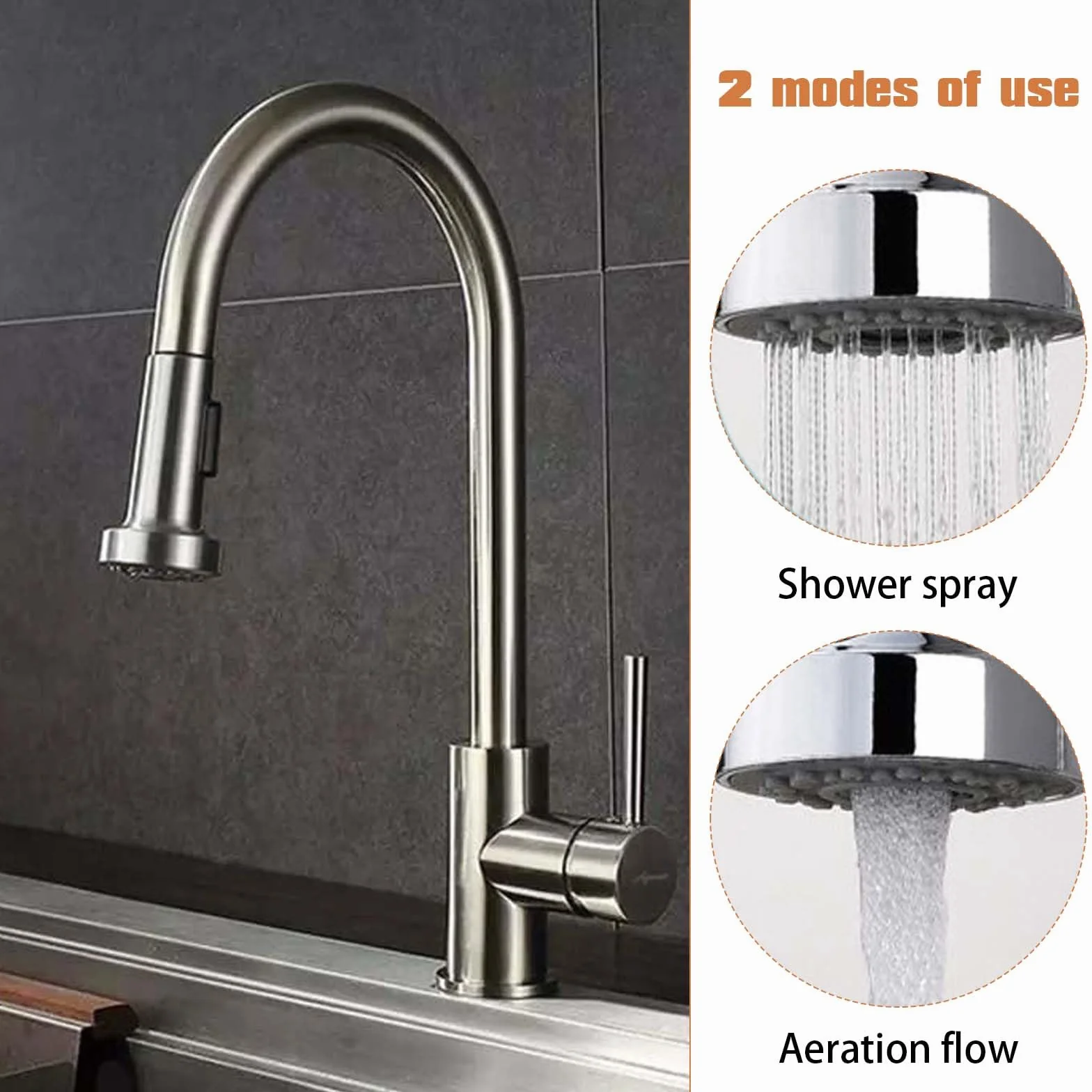 Douchette Evier Cuisine 2 Modes Embout Robinet Rallonge Brise Jet avec Aerateur Extractible Pommeau de Douche Rechange A-Argent