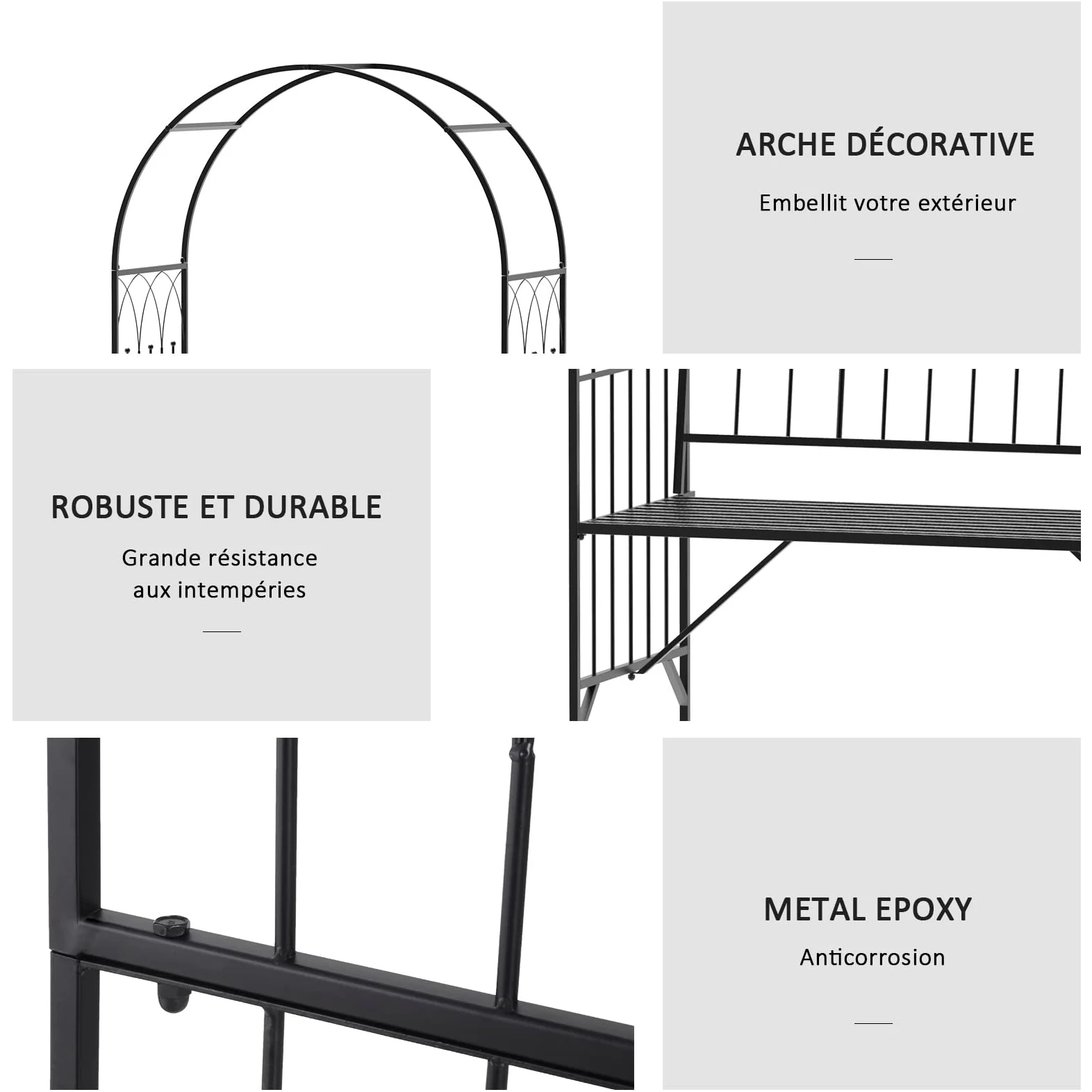 Outsunny Arche à rosiers Banc de Jardin 2 Places 2 en 1 dim. 115L x 59l x 203H cm métal époxy Noir