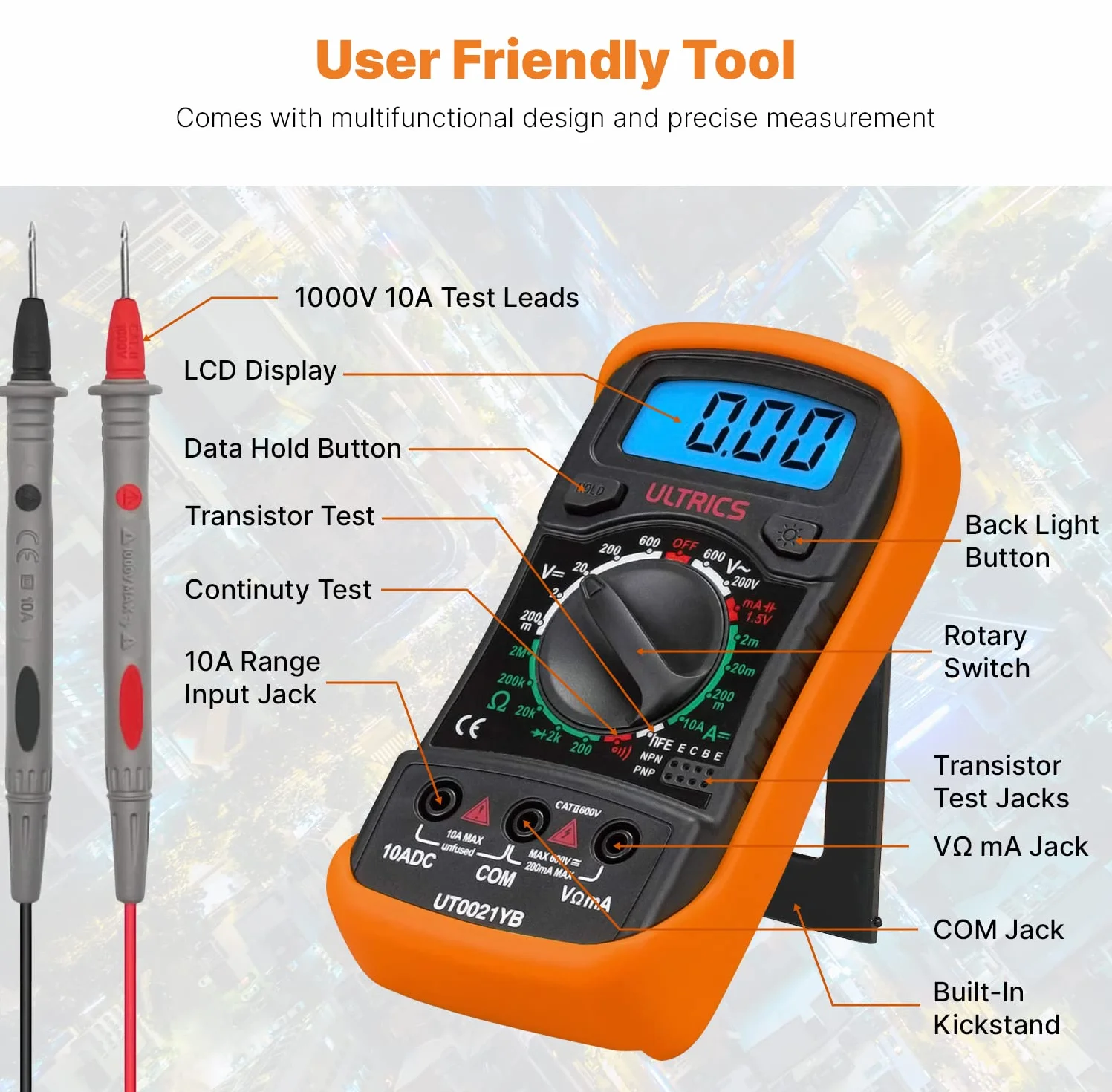 ULTRICS Multimètre Numérique Digital Multimètre Testeur Électrique Multifonctions 4000 AC/DC Tension Courant Résistance Continuité Diode