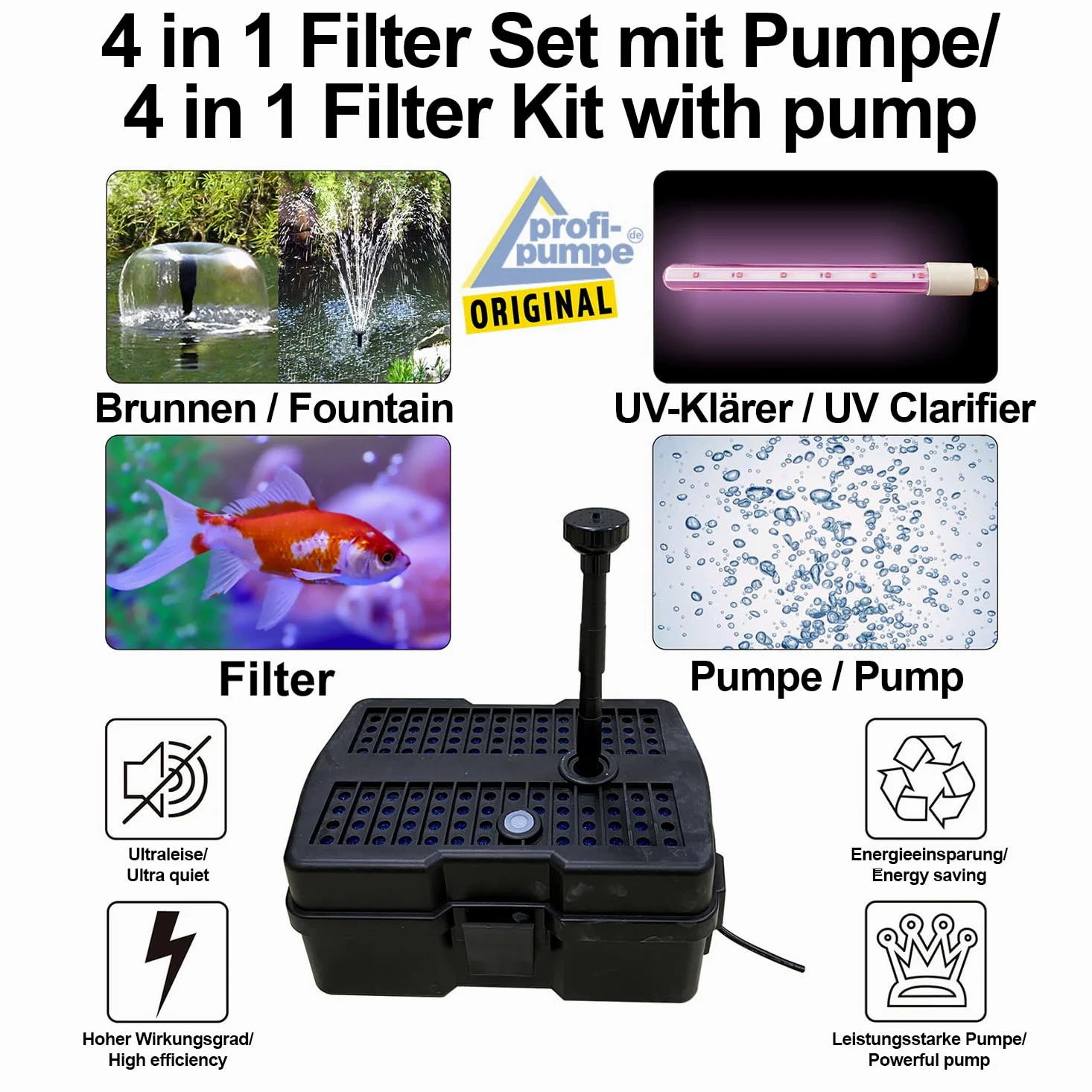 AMUR Fontaine de Bassin Solaire - Kit avec Filtre UV Anti-Algue et Minuterie et Panneau Solaire Stable (Aqua-Vital 12-UV-C)