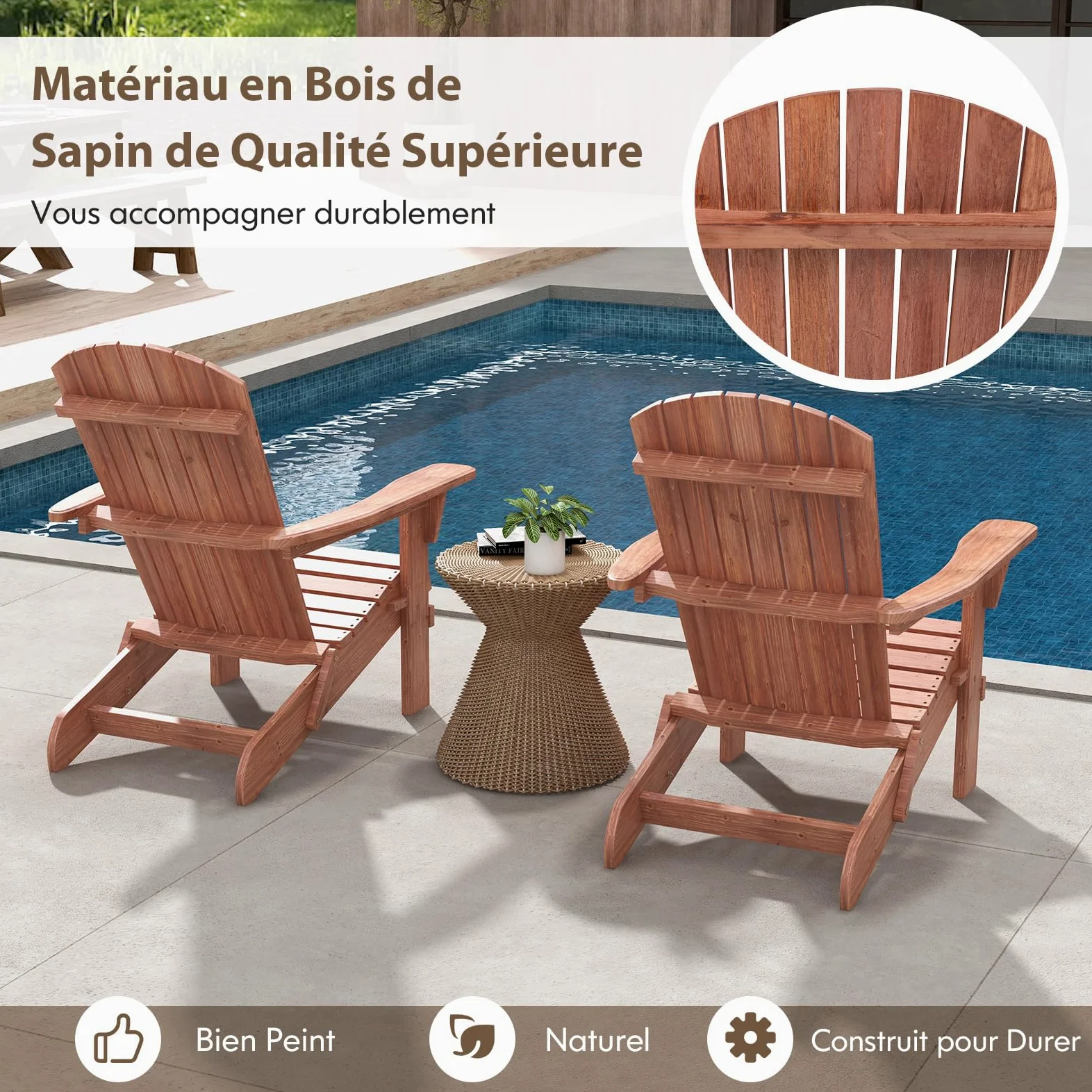 GOPLUS Lot de 2 Chaises Adirondack, Chaise d'Extérieur Pliable avec Cadre Bois Massif, Dossier Incurvé et Accoudoirs Larges, Max. 180 Kg, pour Terrasse, Jardin, Piscine (89 x 71 x 94 cm,Naturel)