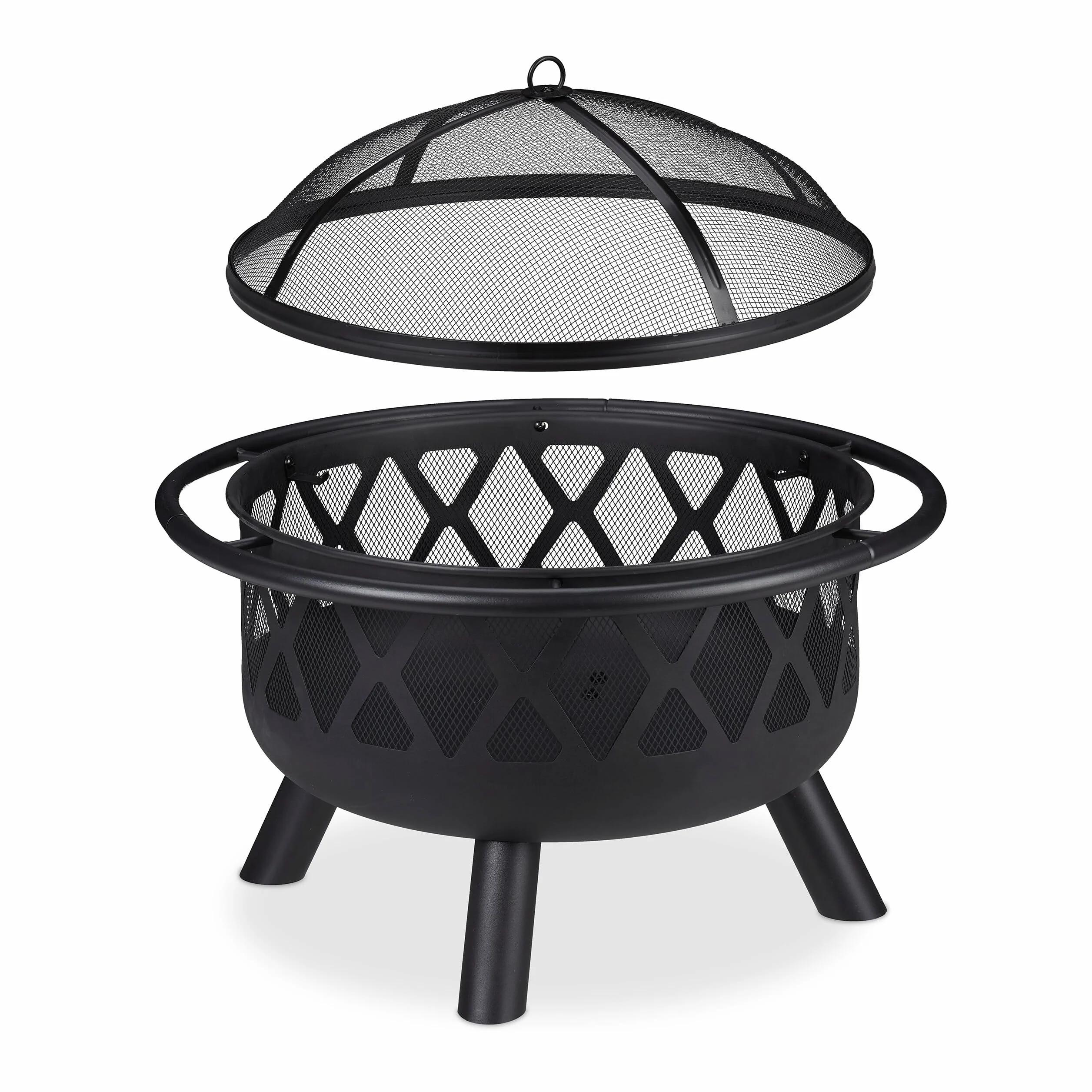 Relaxdays Brasero avec Protection étincelles, Jardin et terrasse, tisonnier, Foyer extérieur, en Acier; D 75 cm, Noir