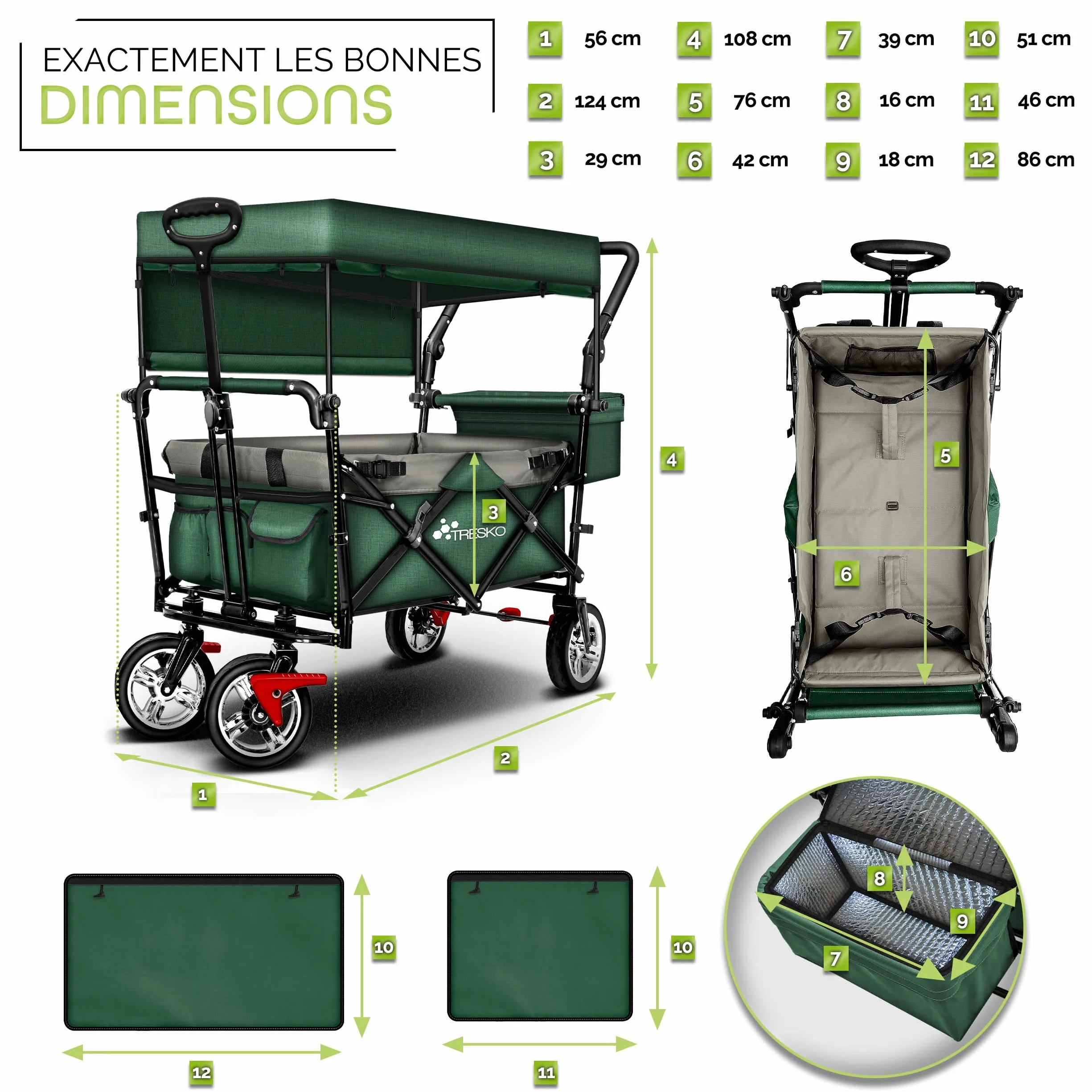 TRESKO Chariot de Transport Pliable avec Sac Isotherme et Frein pour Plage et Jardin