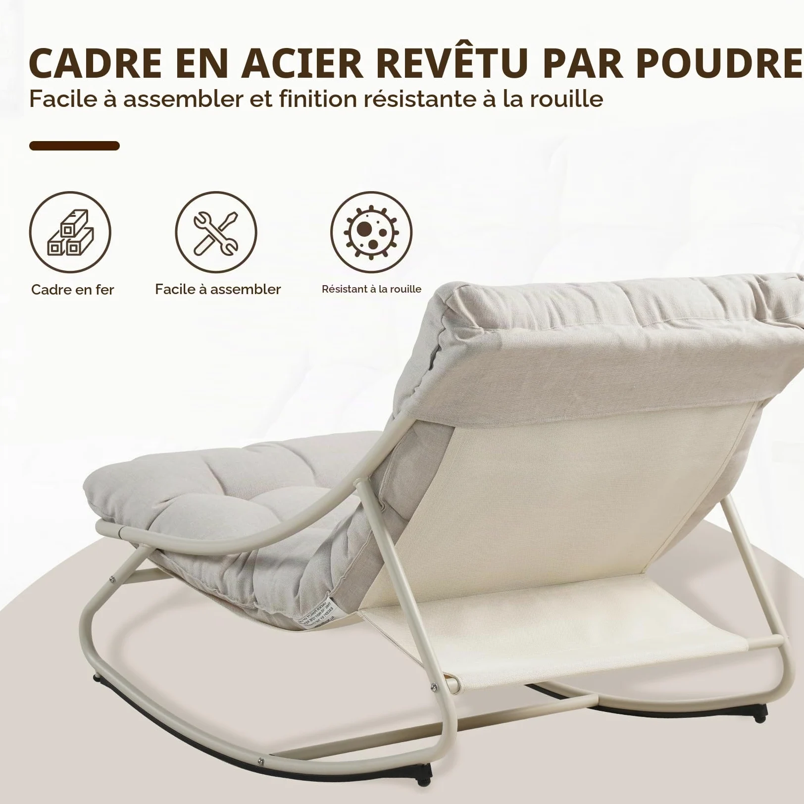 Grand patio Fauteuil à Bascule d’Extérieur avec Coussin – Chaise Relax Ergonomique en Métal, Résistante aux Intempéries, pour Jardin, Terrasse, Balcon & Salon, Jusqu’à 150 kg –Blanc Cassé