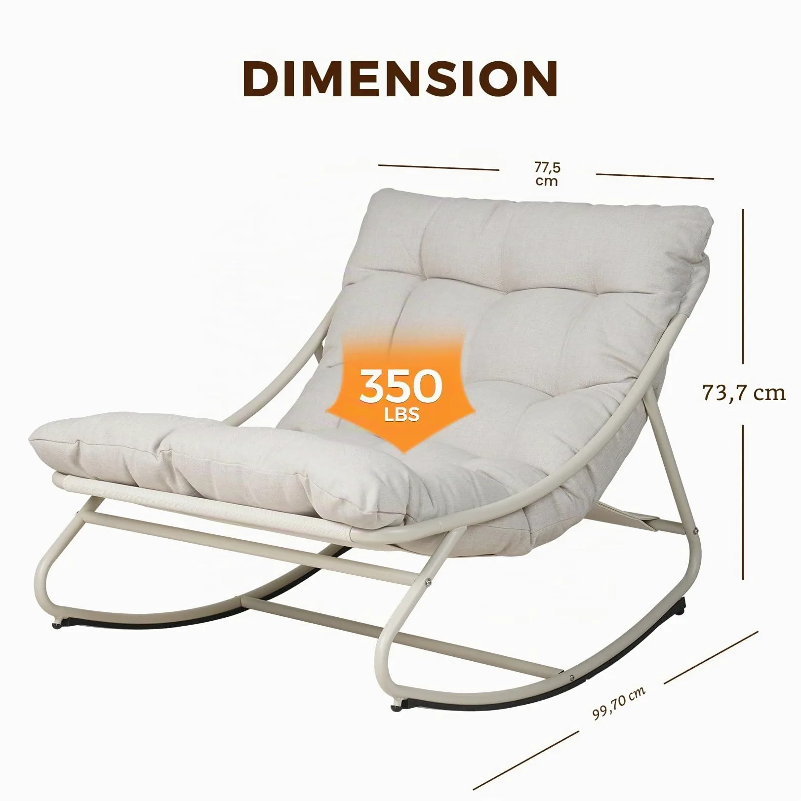 Grand patio Fauteuil à Bascule d’Extérieur avec Coussin – Chaise Relax Ergonomique en Métal, Résistante aux Intempéries, pour Jardin, Terrasse, Balcon & Salon, Jusqu’à 150 kg –Blanc Cassé