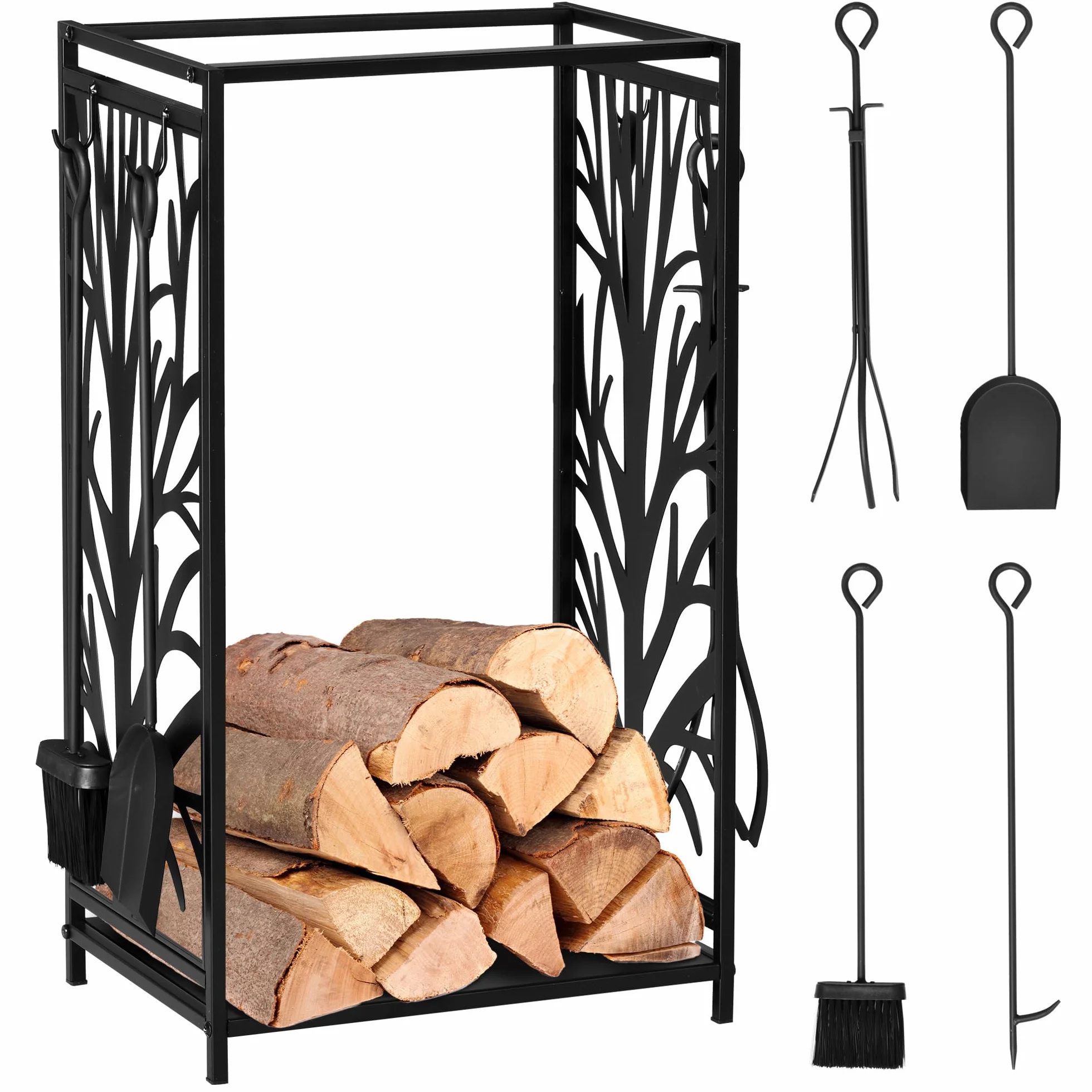 HOMCOM Porte bûches - Range bûches Serviteur de cheminée Arbre - Multi Accessoires étagère 46L x 29l x 70H cm Acier Noir