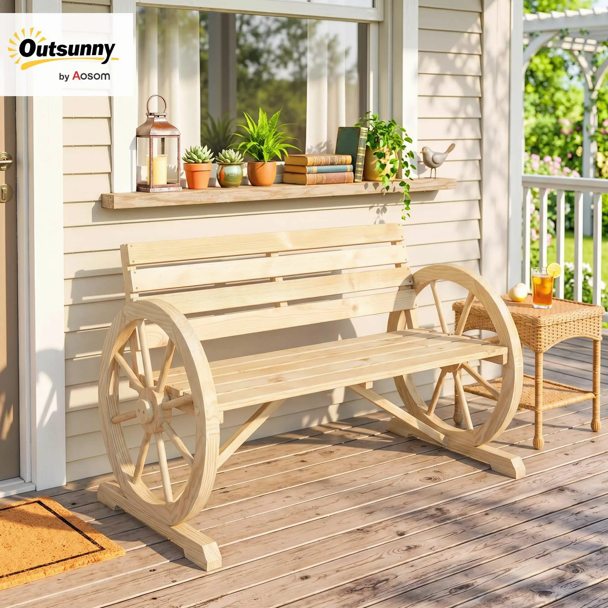 Outsunny Banc de Jardin Banc 3 Places Banc en Bois Style Rustique Chic accoudoirs Roues Charette Bois Sapin Effet Bois Naturel