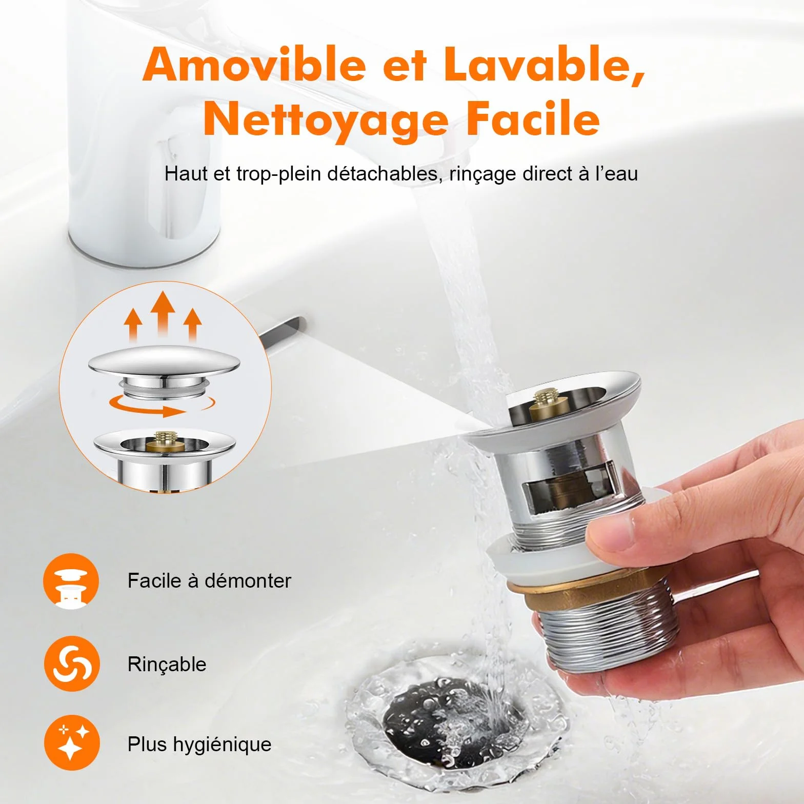 Ibergrif Bonde de Lavabo avec Trop-Plein Bouchon Clic-Clac Universel 1" 1/4 Finition Chromée