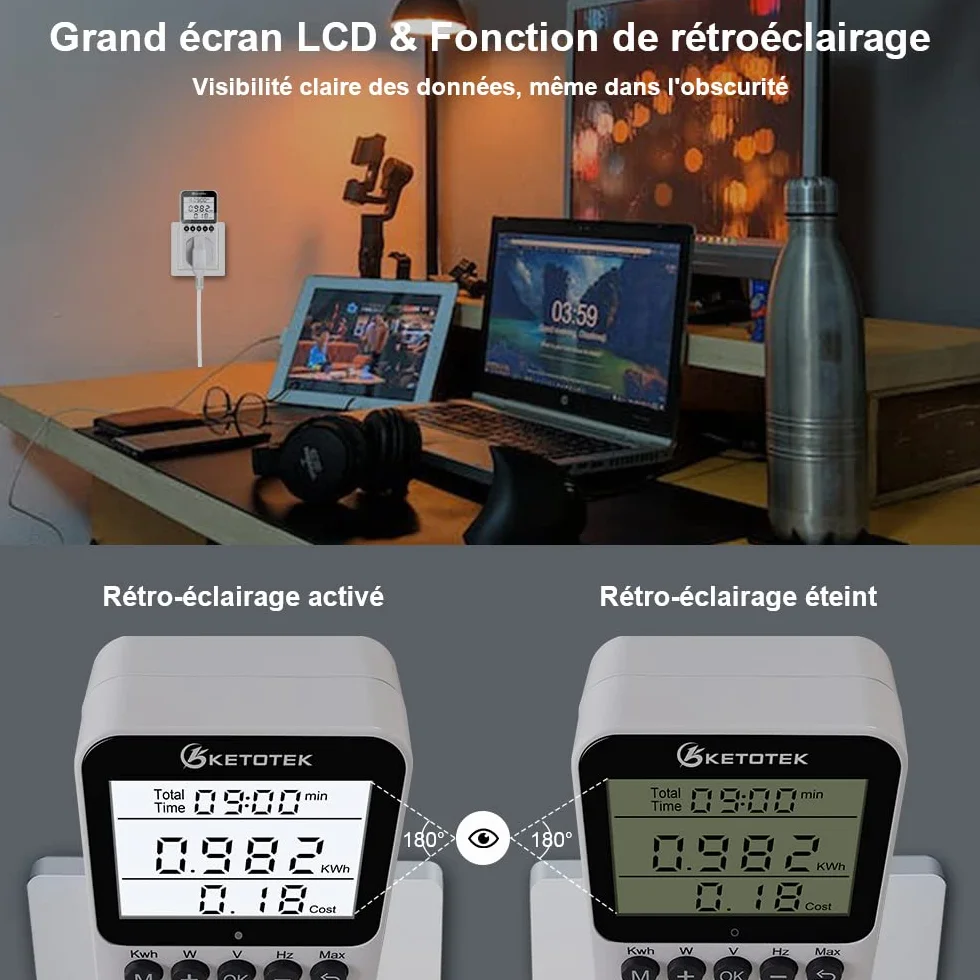 KETOTEK Wattmètre Prise Compteur d'Énergie, Écran LCD Rétroéclairé, Protection Contre Les Surcharges 3680W