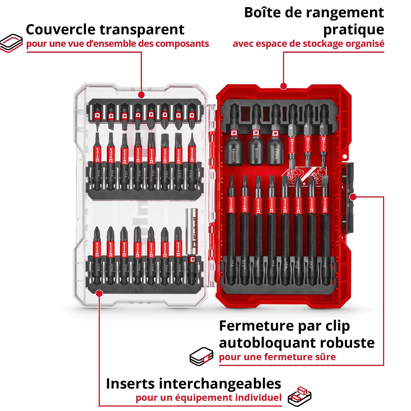 Einhell M-CASE 38 pièces impact-Bit Set 25 mm 50 mm 90 mm douilles 6 pans porte-embout 60 mm boîte rangement