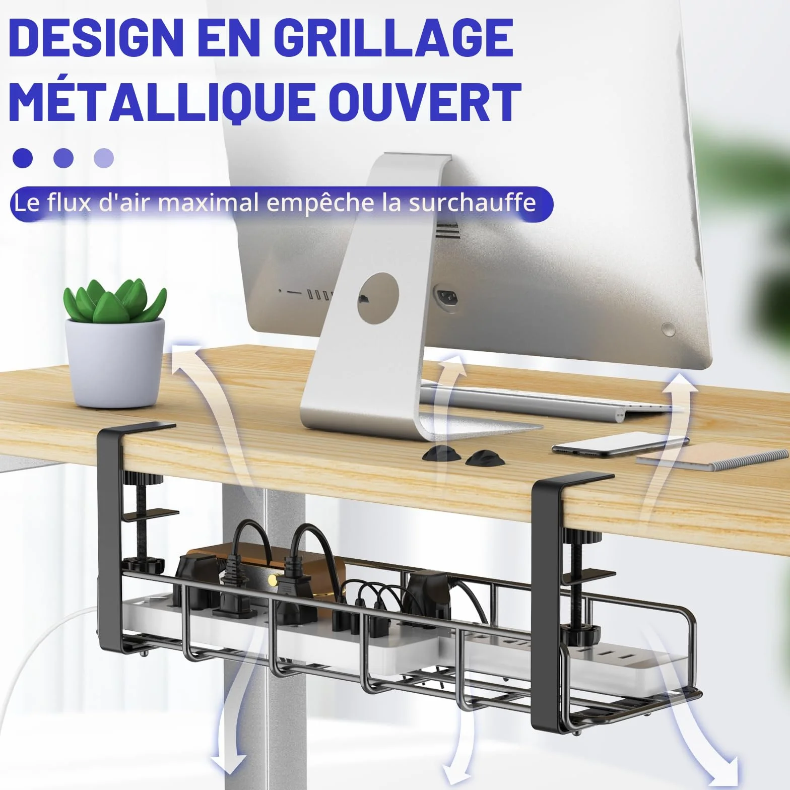 REFLYING Plateau Sous le Bureau Gestion Câbles Multiprises Noir 1 Pièce