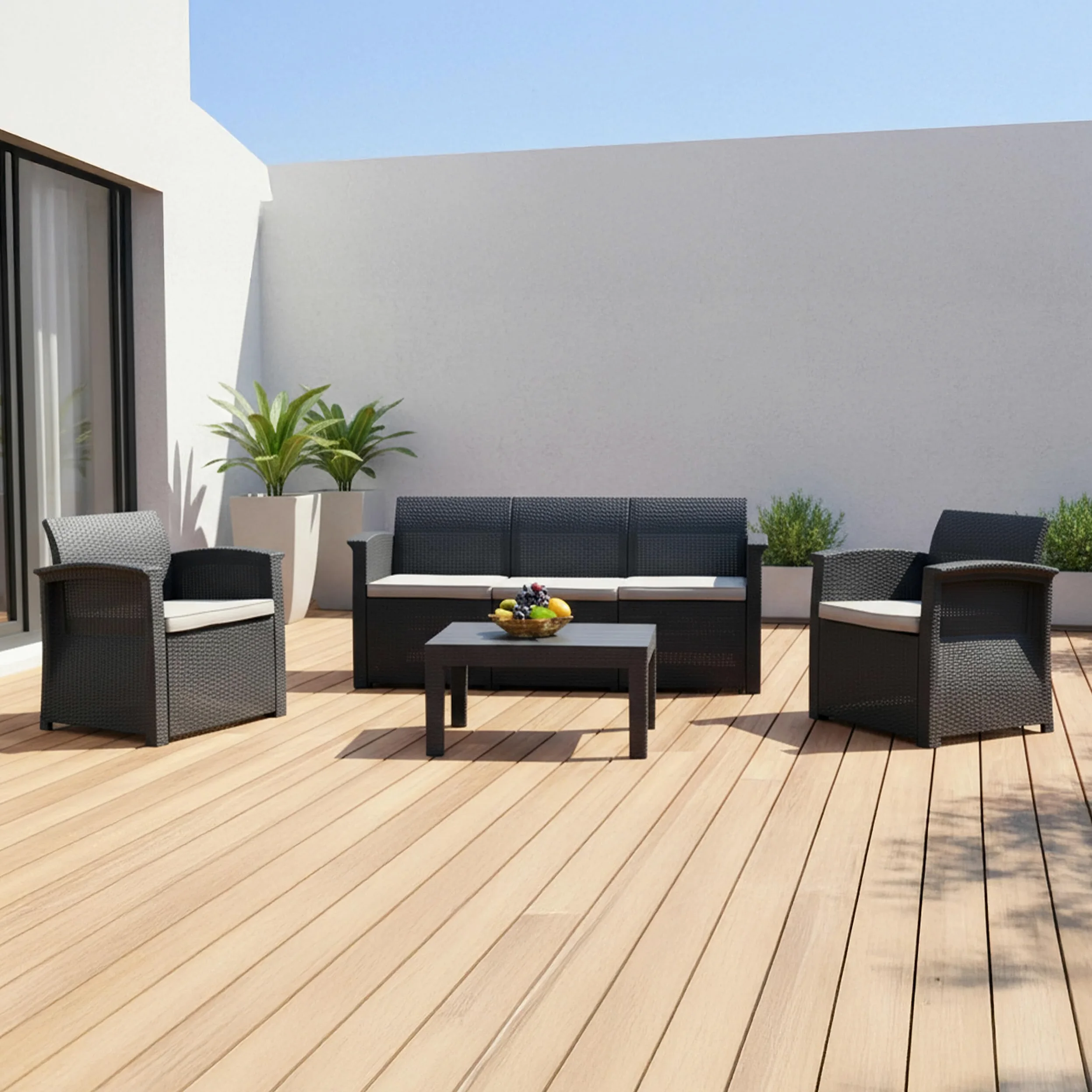 Relaxdays Ensemble Jardin 4 pièces en rotin synthétique, 5 pers., canapé 3 Places, 2 fauteuils et Table, extérieur