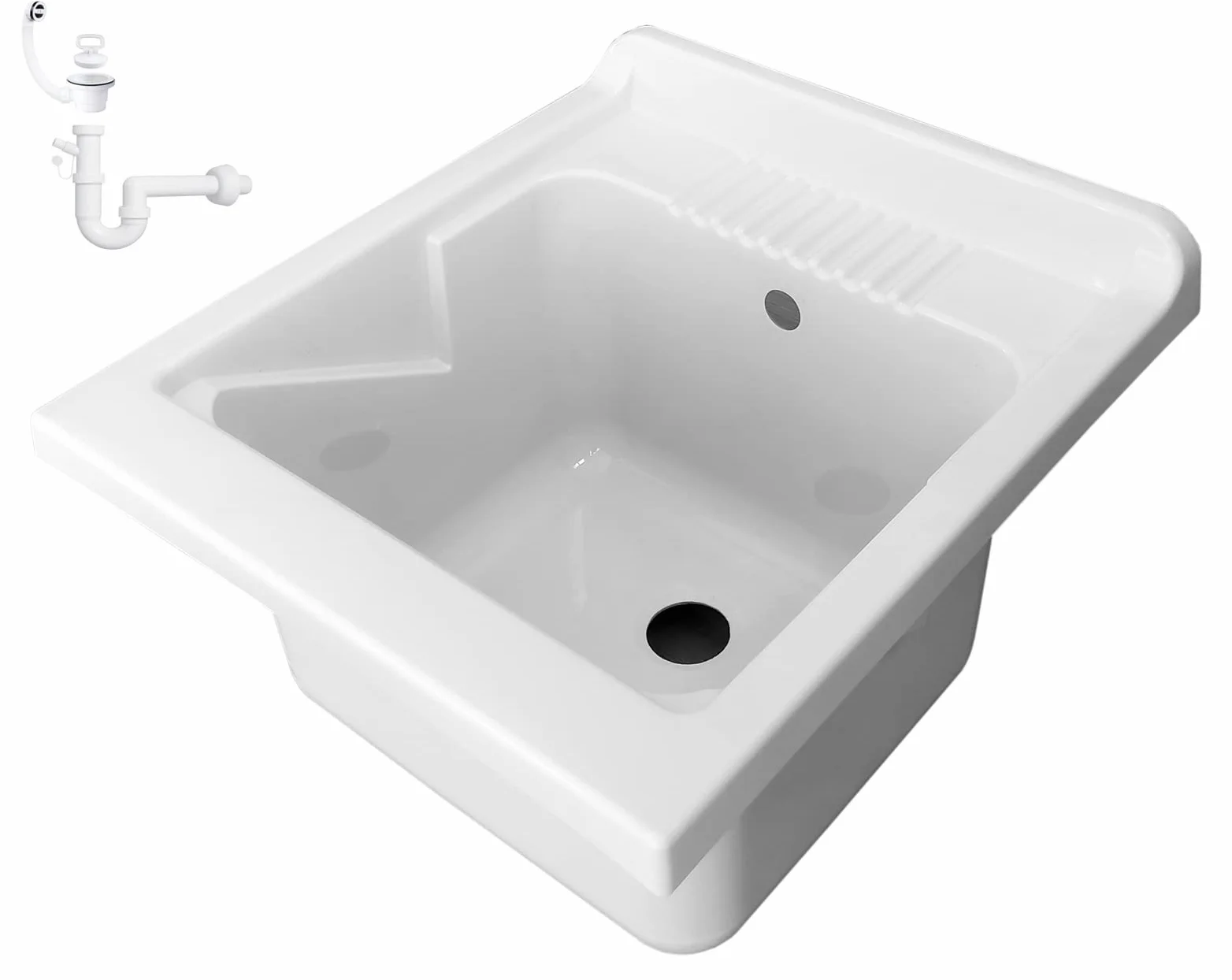 Évier en résine PP 45 x 50 cm blanc avec siphon et bonde