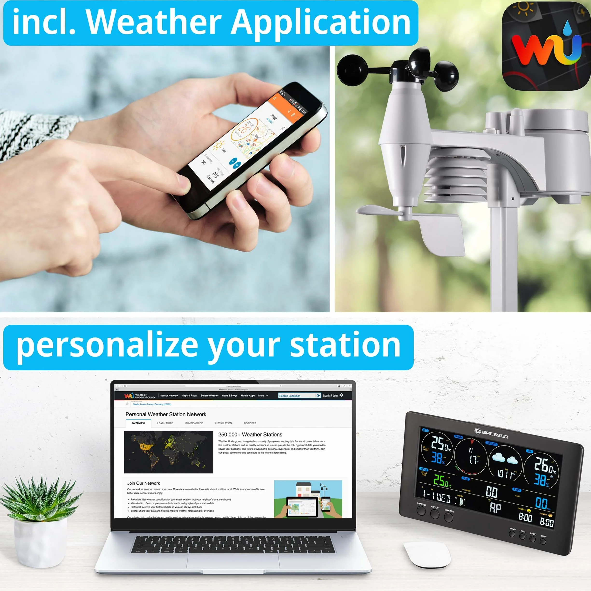 Bresser ClearView Station Météo Sans Fil WiFi Capteur Extérieur Pro 7 en 1 Noir