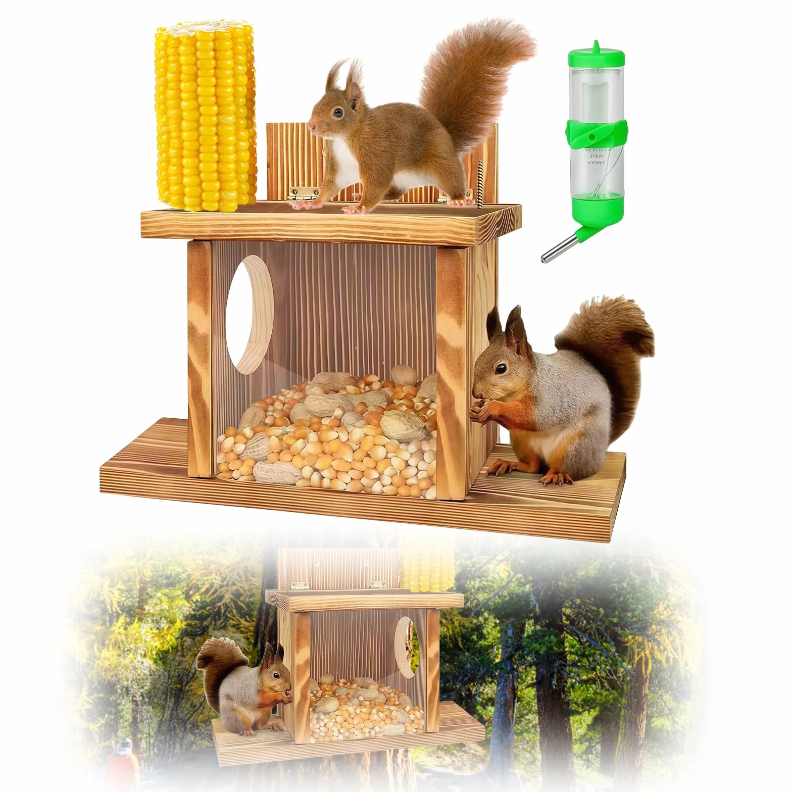 Mangeoire en bois pour écureuils - Station d'alimentation pour écureuils - Résistant aux intempéries - Avec 2 entrées et plateformes de siège - Maison pour écureuils