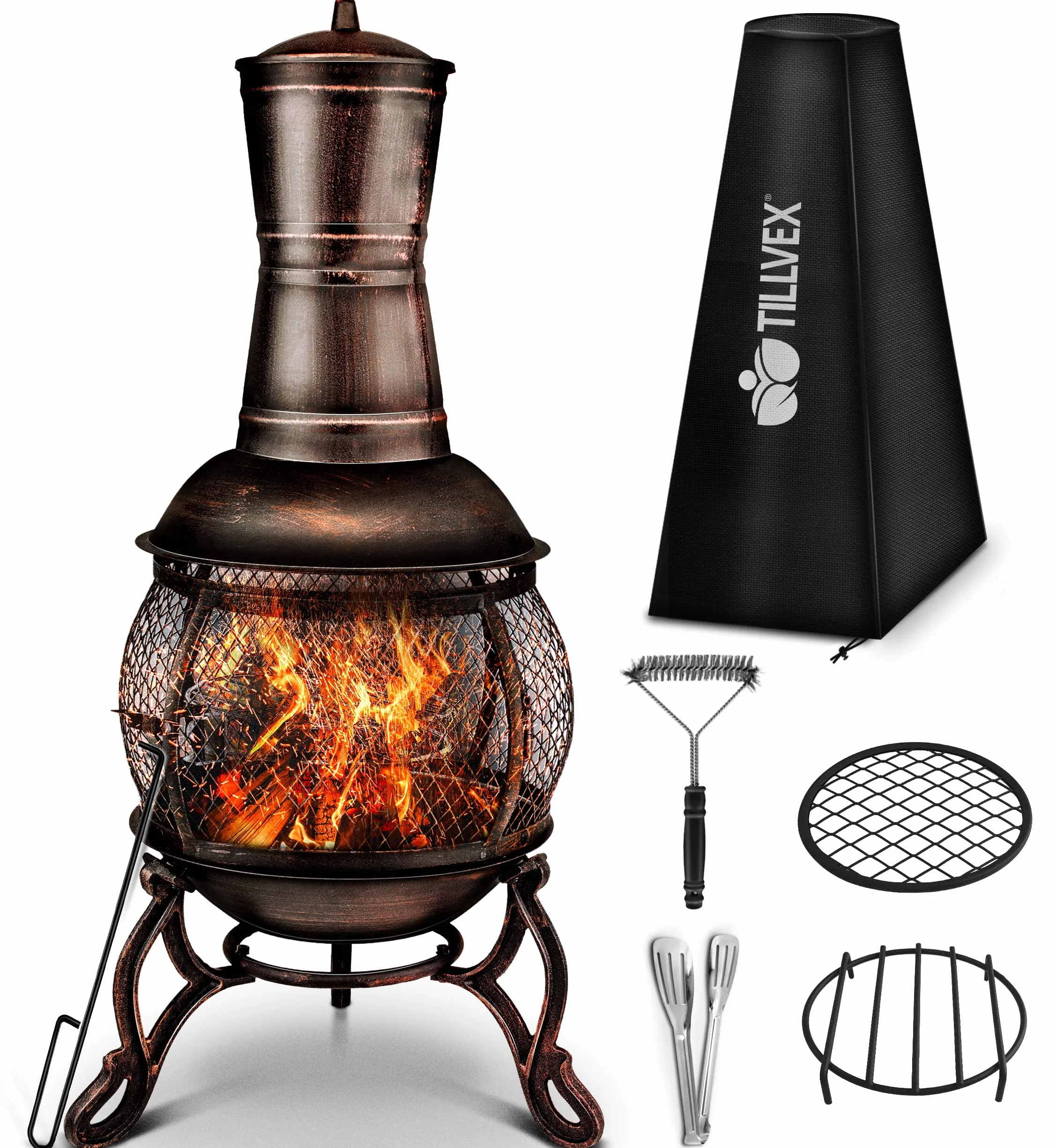 tillvex Cheminée de terrasse extérieure avec Grill | Brasero Mexicain avec Pare-étincelles | Chauffage de Jardin avec Housse | Poêle à Bois | Tisonnier + Grille, BBQ + Accessoires XXL (Bronze, 90)