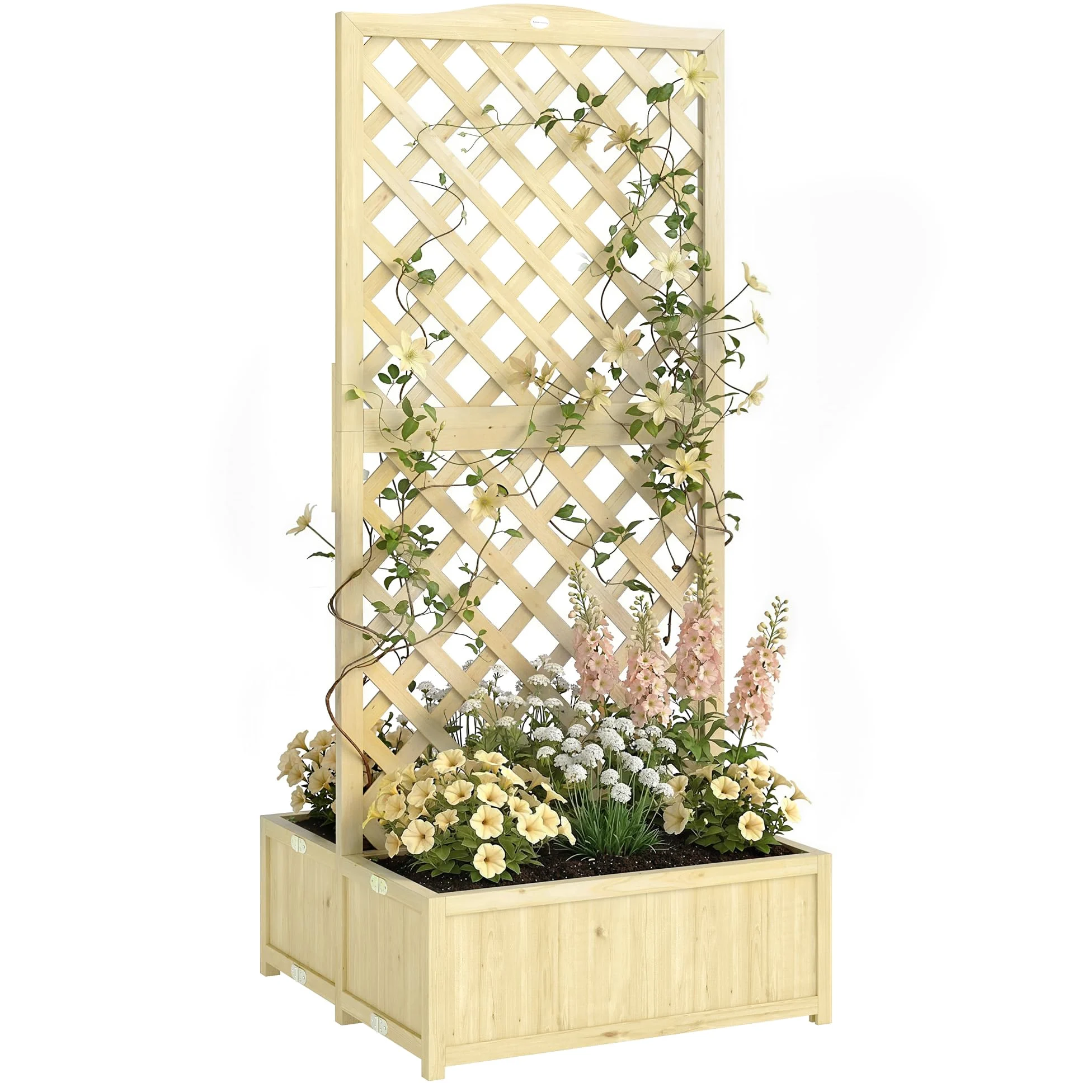 Outsunny Jardinière avec Treillis en Bois Massif - Carré Potager Pliable avec Double Bac à Fleurs - Lit de Jardin 170cm de Haut pour Plantes Grimpantes sur Balcon, Terrasse Brise-Vue, Naturel