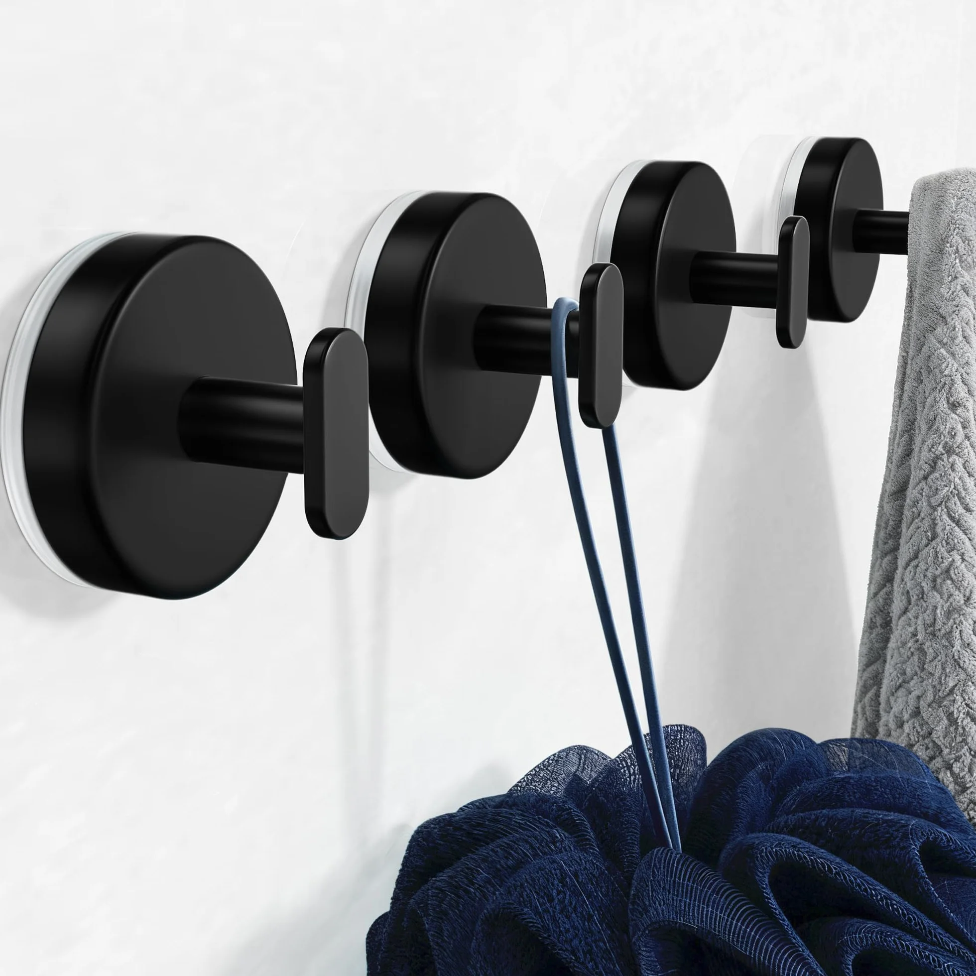 pickpiff Crochets à ventouse pour douche : Support extra fort de 6,8 kg pour salle de bain, cuisine, porte, miroir, carrelage, verre – Serviette, éponge, manteau, peignoir – noir mat, lot de 4