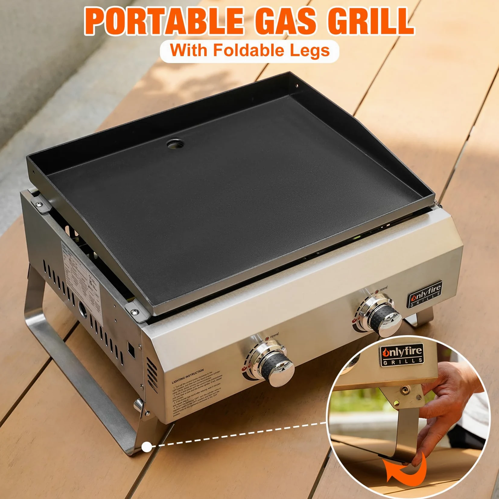 onlyfire Plancha à Gaz de Table en INOX, Barbecue Gaz avec 2 Brûleurs 4.7kW, Plancha 46x36cm avec Revêtement en Céramique Antiadhésif, Pieds Pliables pour Terrasse, Balcon et Camping