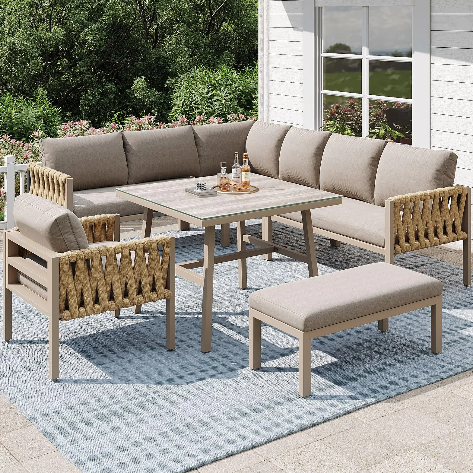 Ensemble de mobilier de Jardin 7 Places, 7 sièges, 1 Table Basse, rotin PE, Tubes en Acier galvanisé, Verre trempé, Coussins d'assise déhoussables et lavables (6-10 Seats-O)