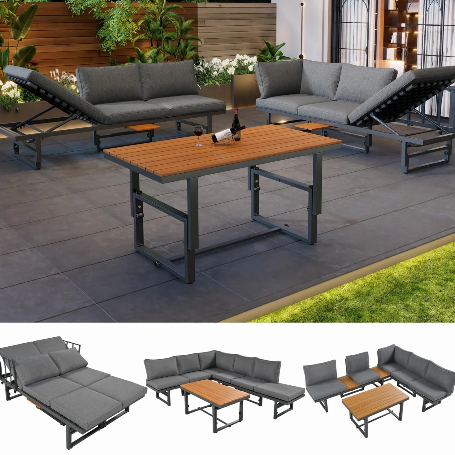 Sapgaks Ensemble de Salon de Jardin extérieur pour 6 Personnes,Structure en Fer thermolaqué, Dossier réglable, Bois d'acacia, Table réglable,Gris
