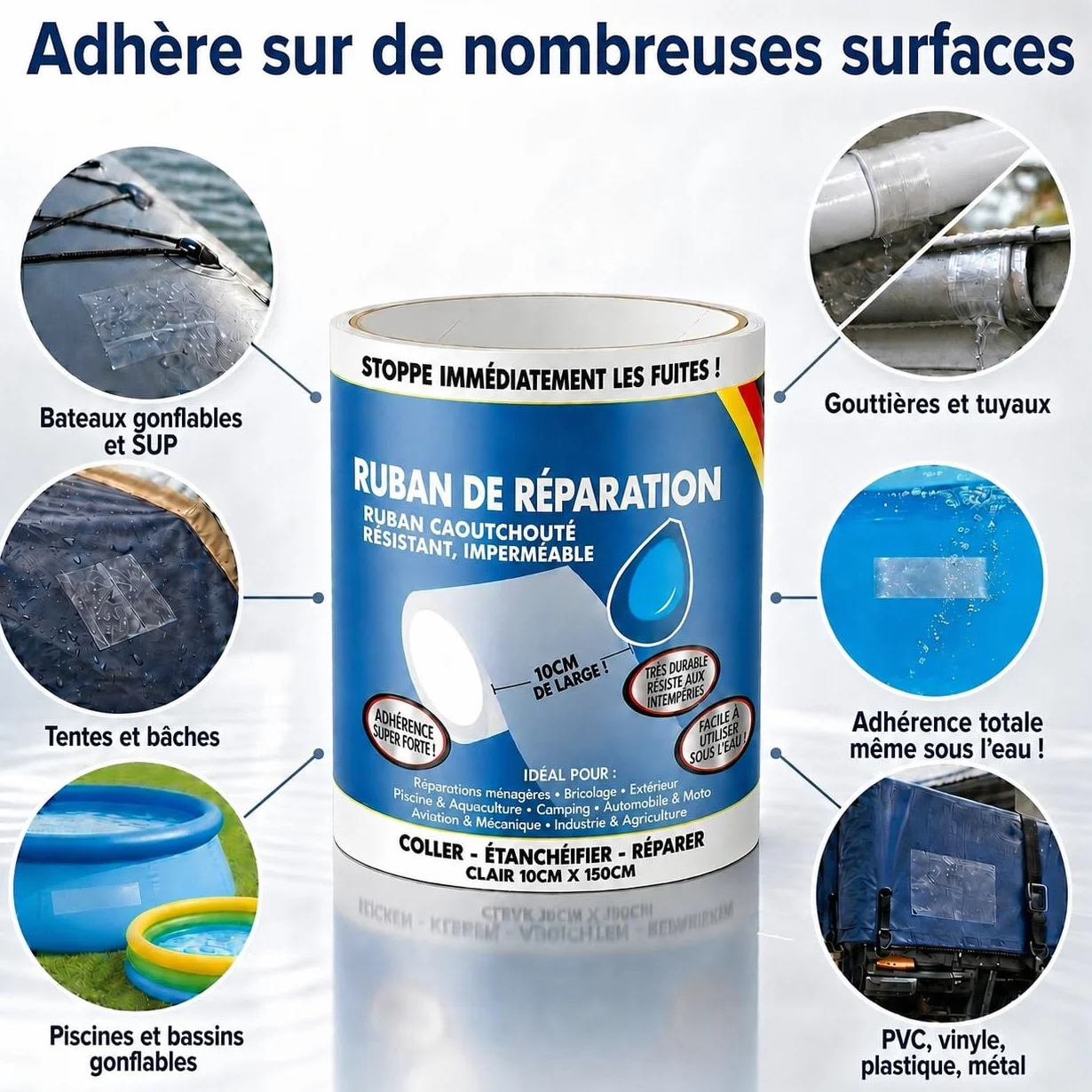 ATG® Kit réparation piscine sous l’eau – scotch étanche transparent 10×150 cm, ruban adhésif PVC