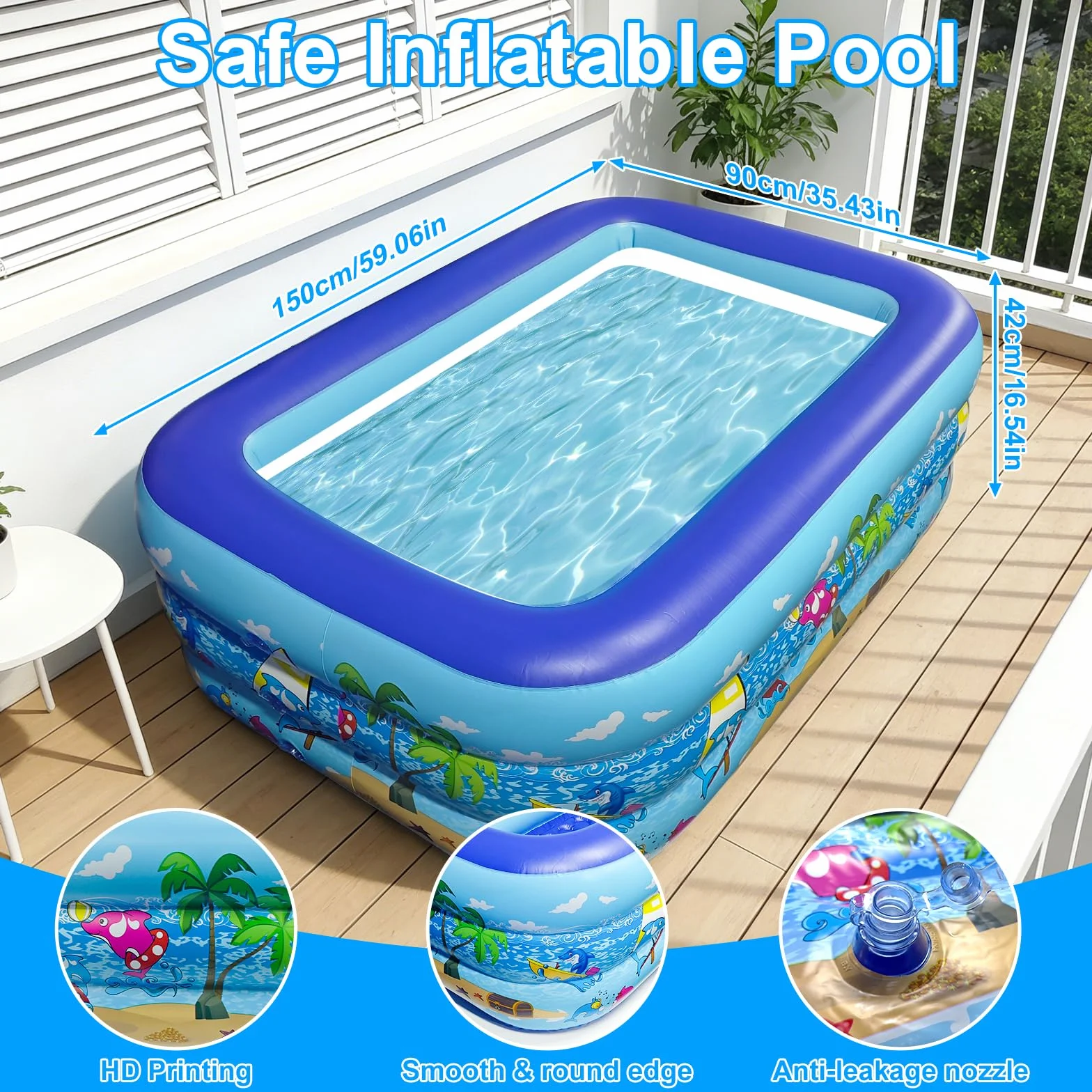 Piscine Gonflable 150 x 105 x 50 cm Fond Antidérapant pour Adultes et Animaux