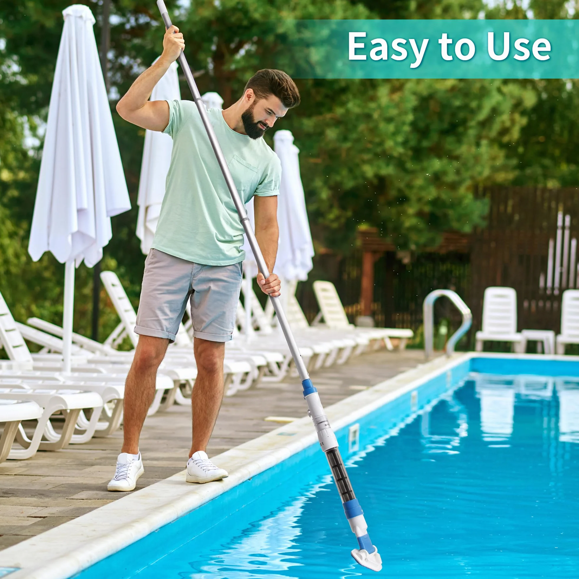 Aspirateur de piscine portable rechargeable sans fil avec poteaux télescopiques, aspiration puissante, têtes de brosse pour piscine hors sol