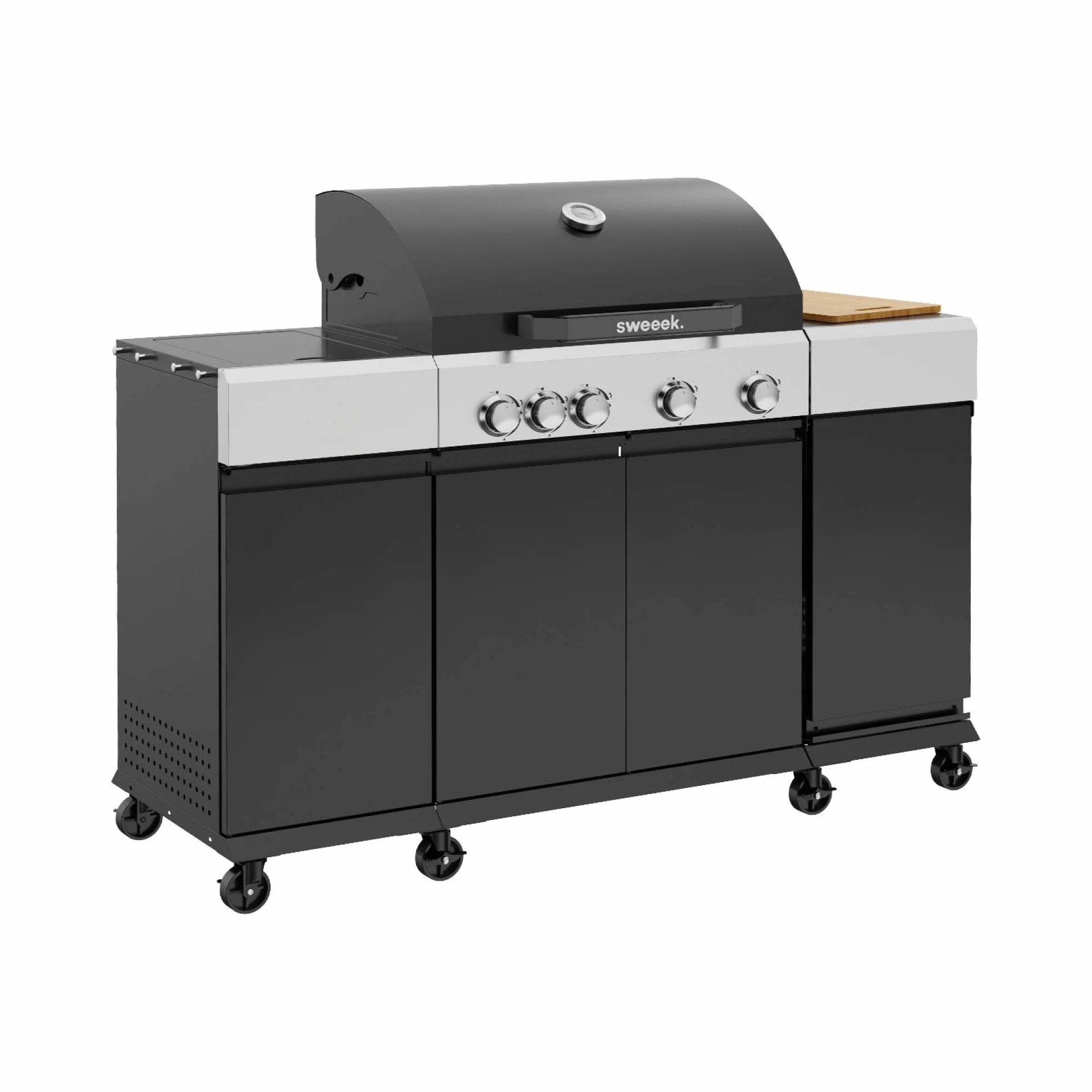 Sweeek Barbecue gaz 4 brûleurs + 1 feu latéral MAXIM noir acier L 145.5 x P 61.5 x H 143.5cm