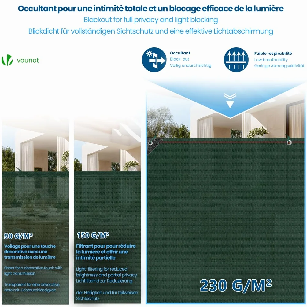 Brise Vue Occultant HDPE 230g/m² Protection UV Résistant Déchirures Vent Jardin Balcon 1.5x10m Vert