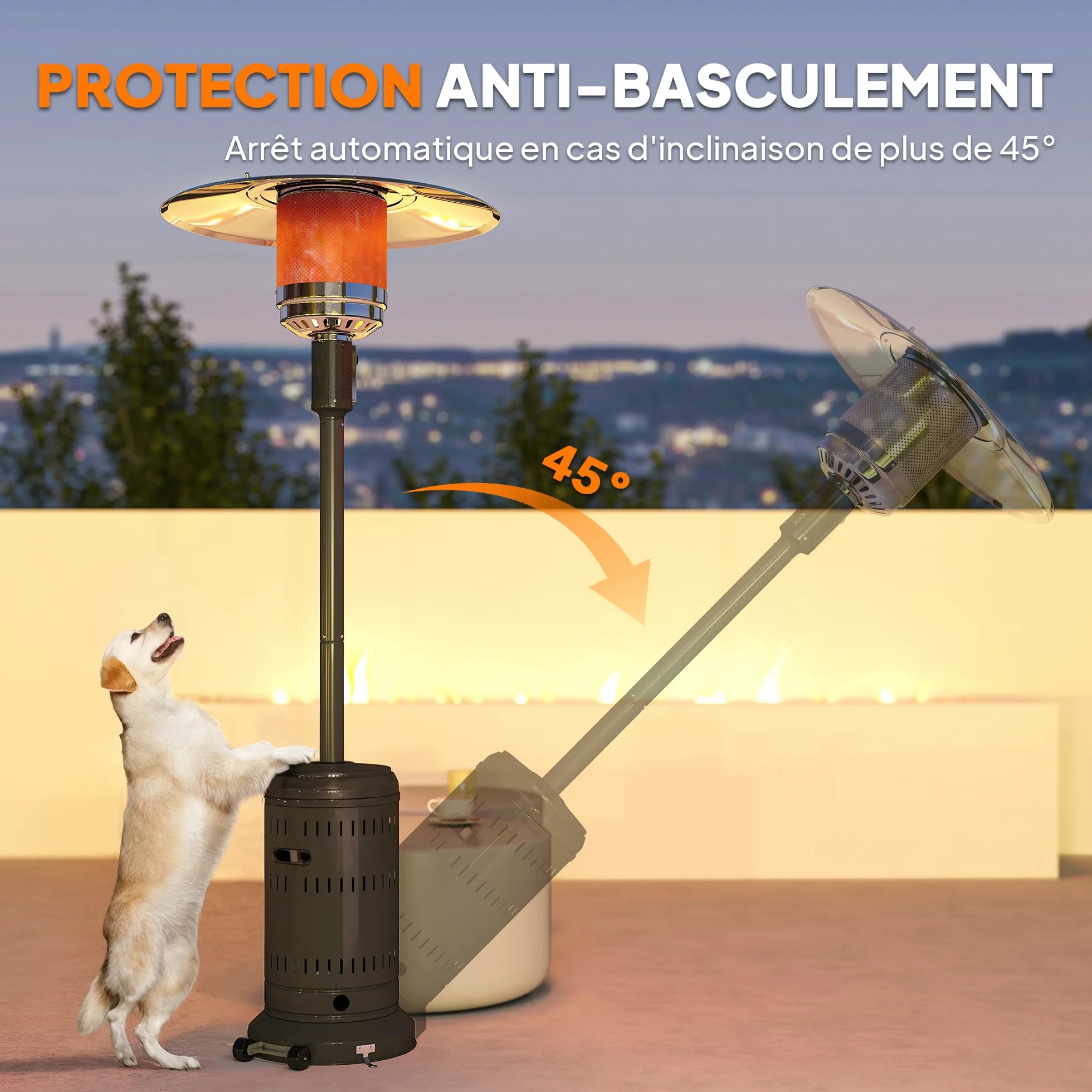 Outsunny Parasol Chauffant Gaz Portable 11 KW avec Protection Anti-Basculement, Noir