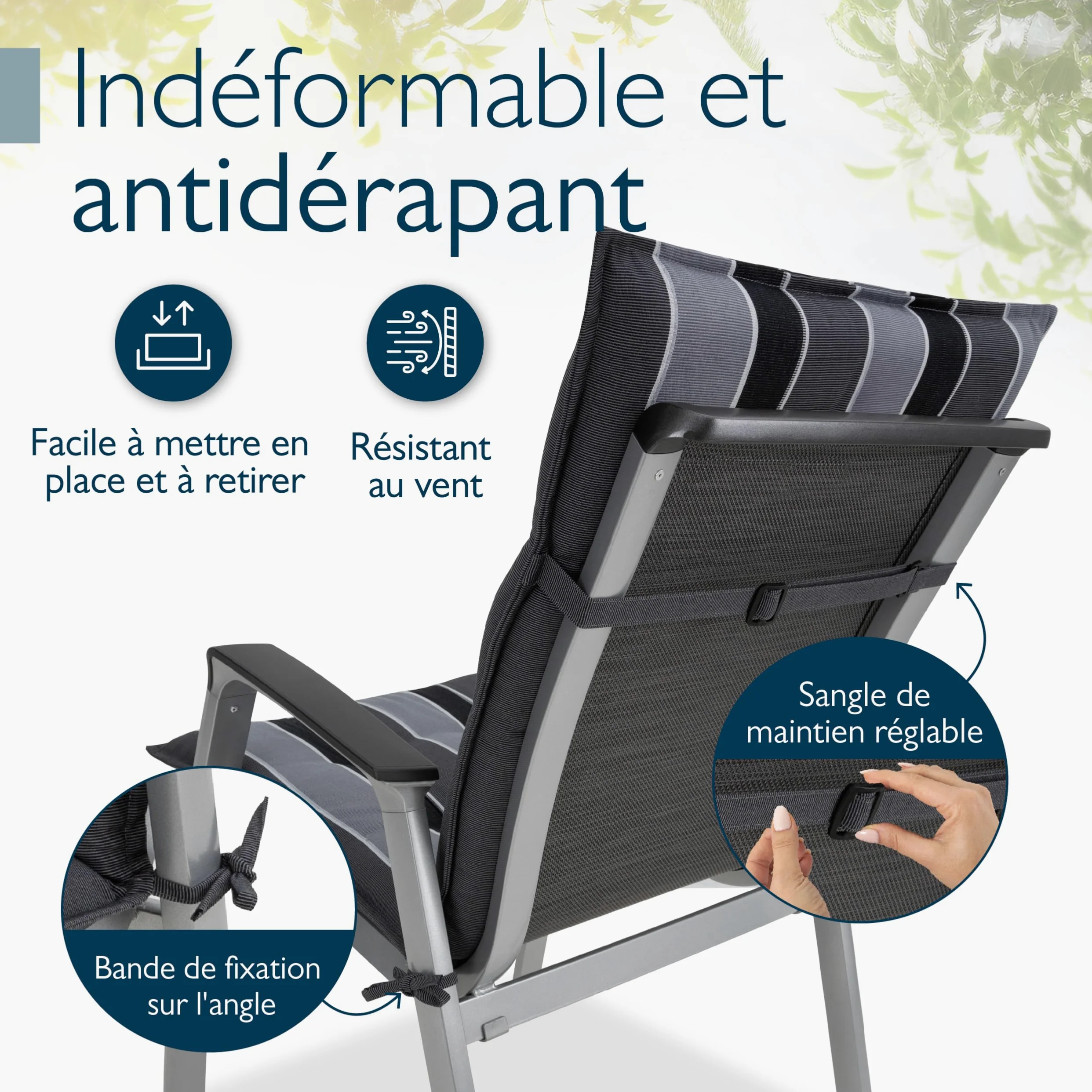 Beautissu 8X Premium Coussin Chaise Jardin Dossier Bas 100x50 cm Sun-NL – 8 cm Épaisseur Tissu Robuste Antidérapant & Résistance aux UV – Coussin Fauteuil avec Sangles Fixation Anthracite Rayé