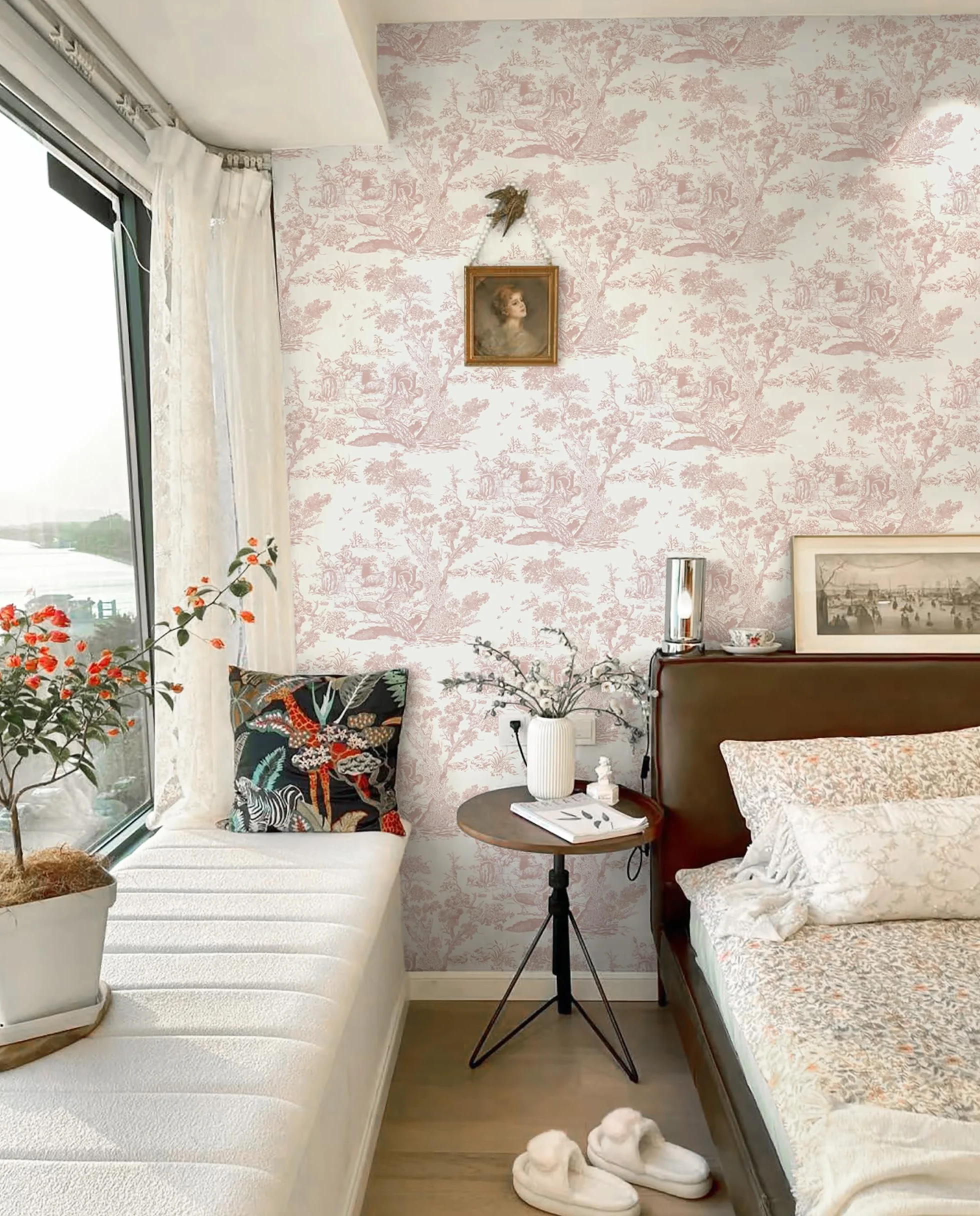 Papier Peint Autocollant Vintage 41 x 300 cm Vinyle Arbre Animaux Imperméable Rose Chambre