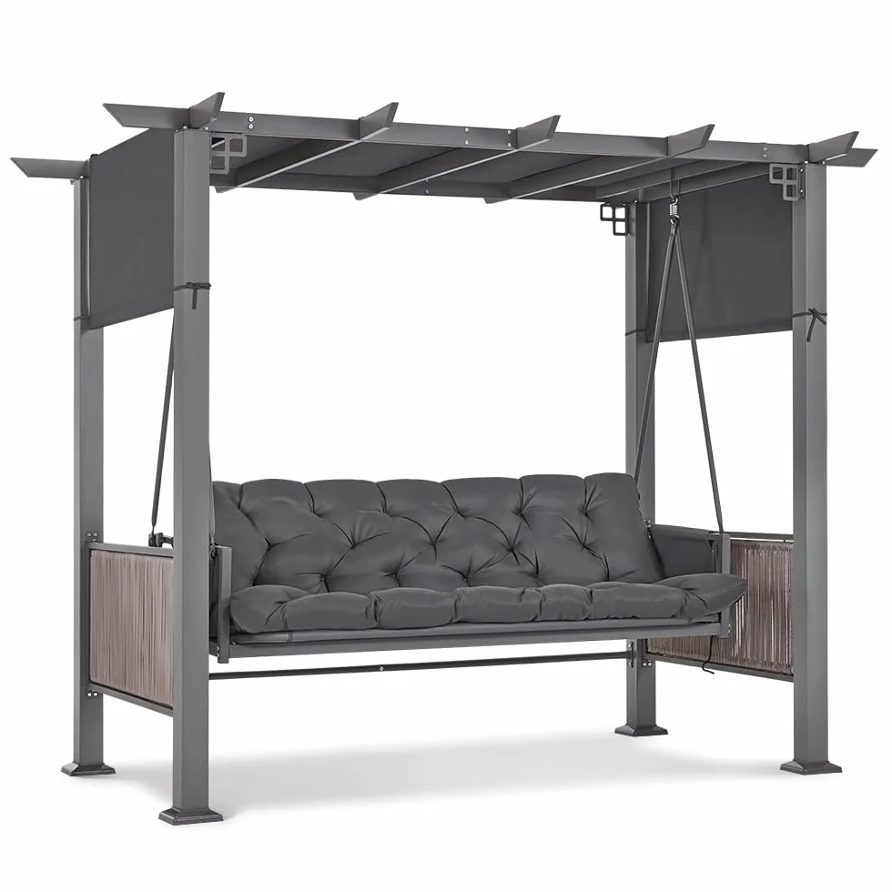 Balançoire Hollywood 3 Places avec Fonction Lit et Pavillon de Jardin, Auvent Rétractable, Coussin 8 cm, Crochets Silencieux (Gris)