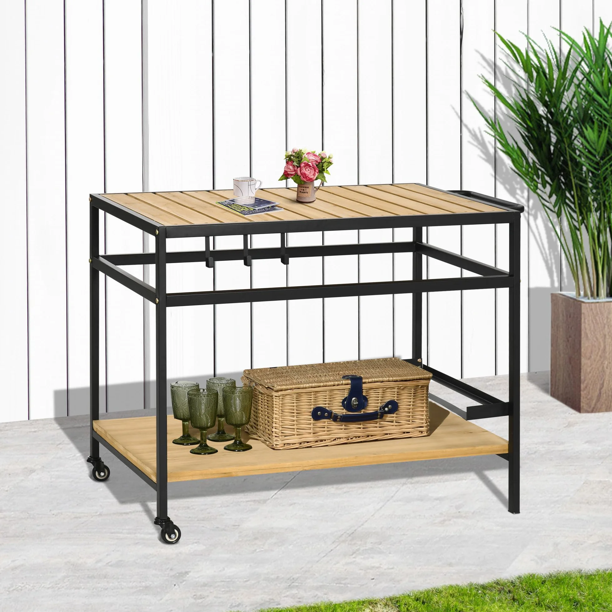 Outsunny Desserte de Jardin Chariot Barbecue avec 2 étagères 3 Crochets Bois Métal 107 x 65 x 80 cm Noir Naturel