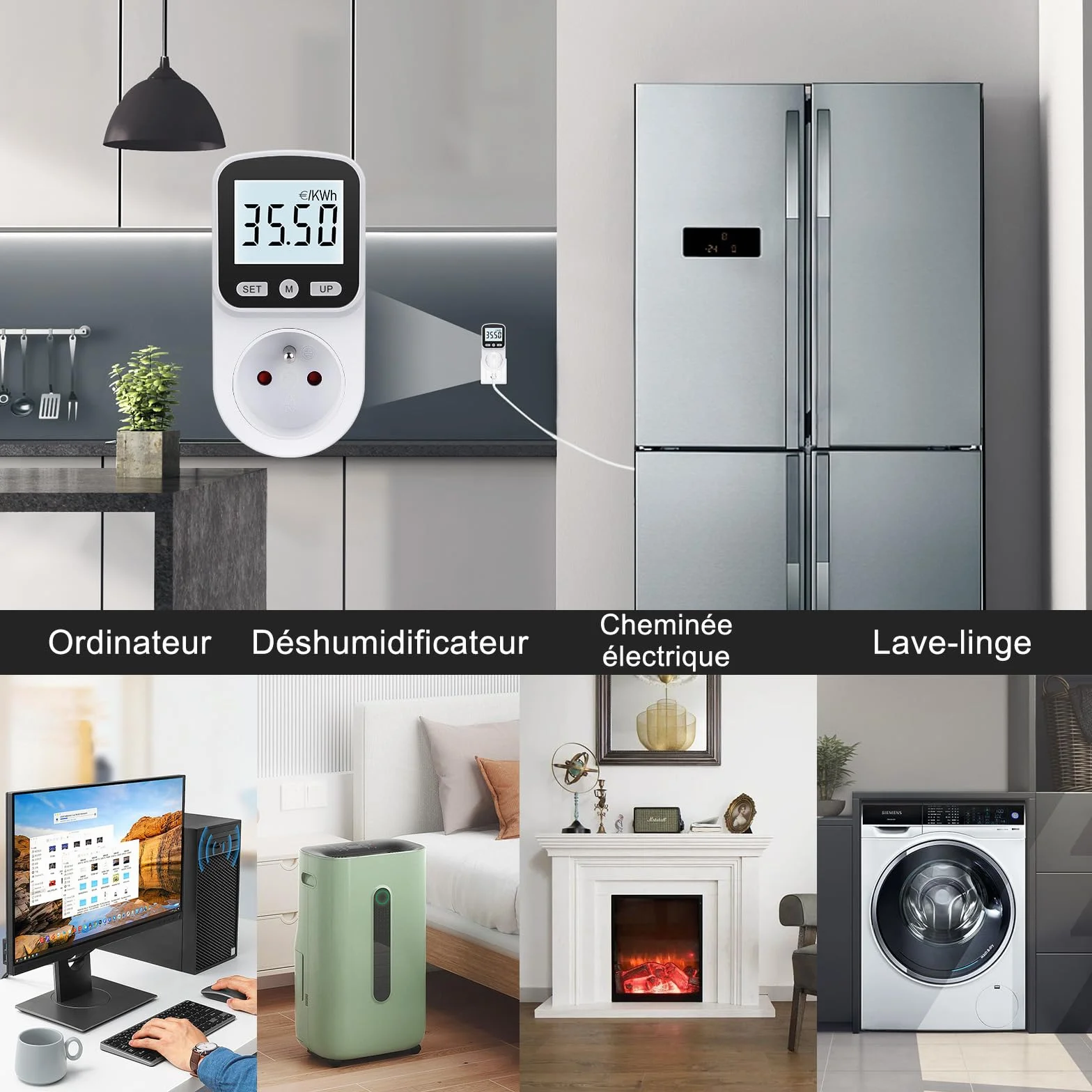 Wattmètre Prise Consommation Electrique, Compteur d'Énergie LCD 3680W Protection Surcharge