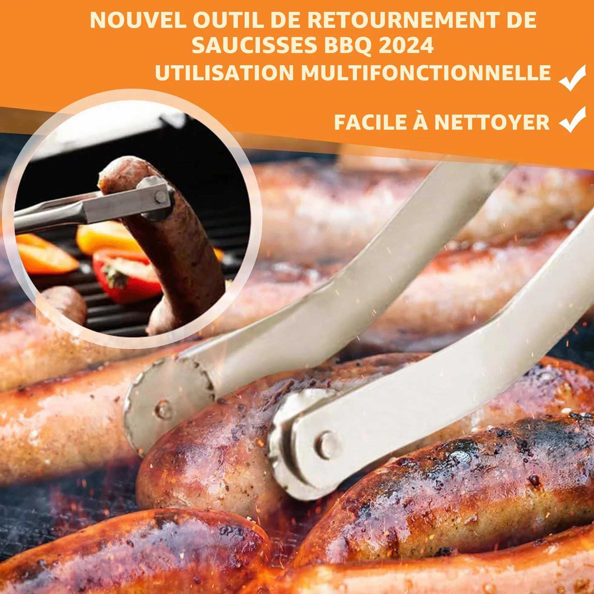 Hysenm Lot de 2 pinces à saucisses BBQ en acier inoxydable à long manche pour griller et retourner