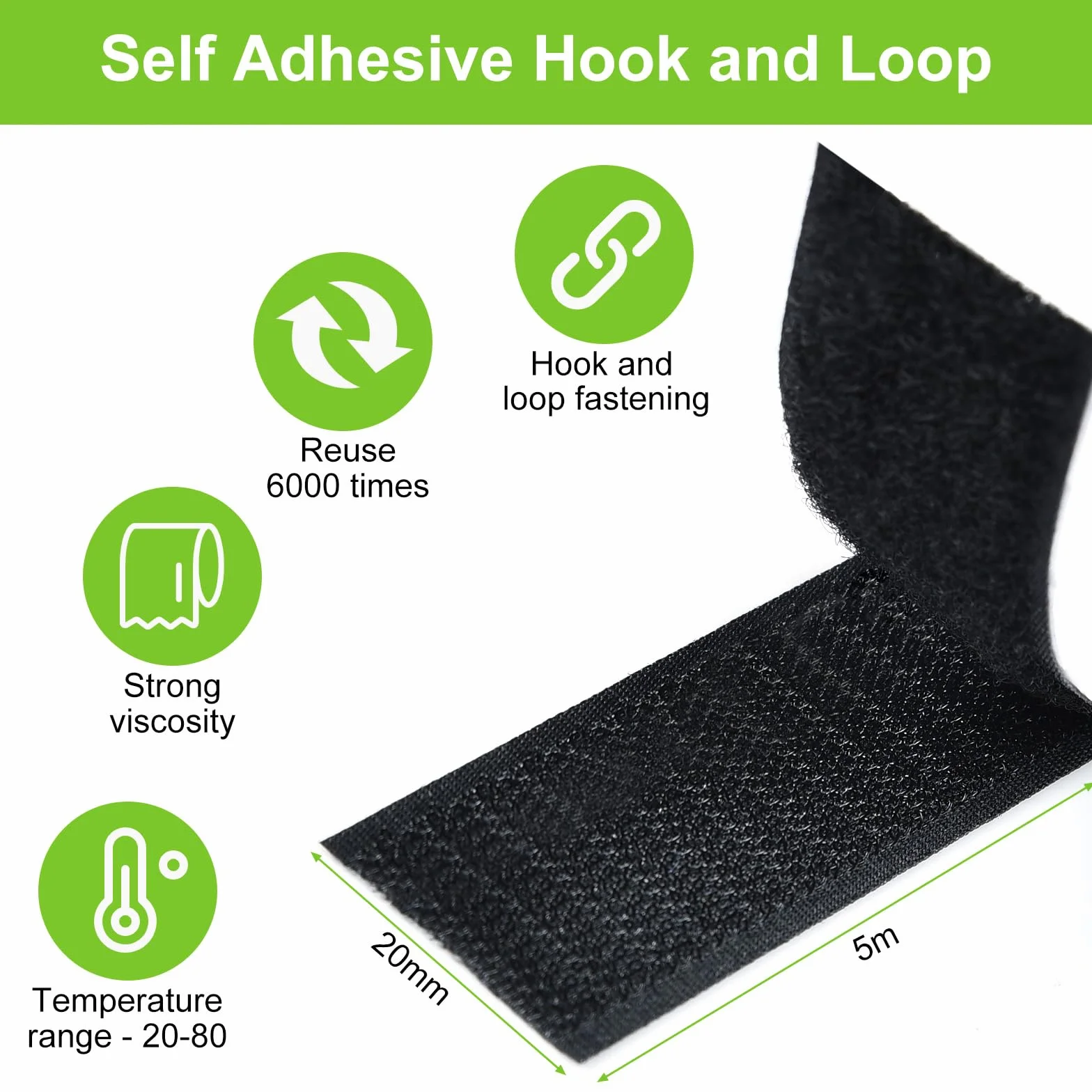 Ruban Scratch Autocollant Double Face 5m x 20mm Adhésif Puissant Hook Loop