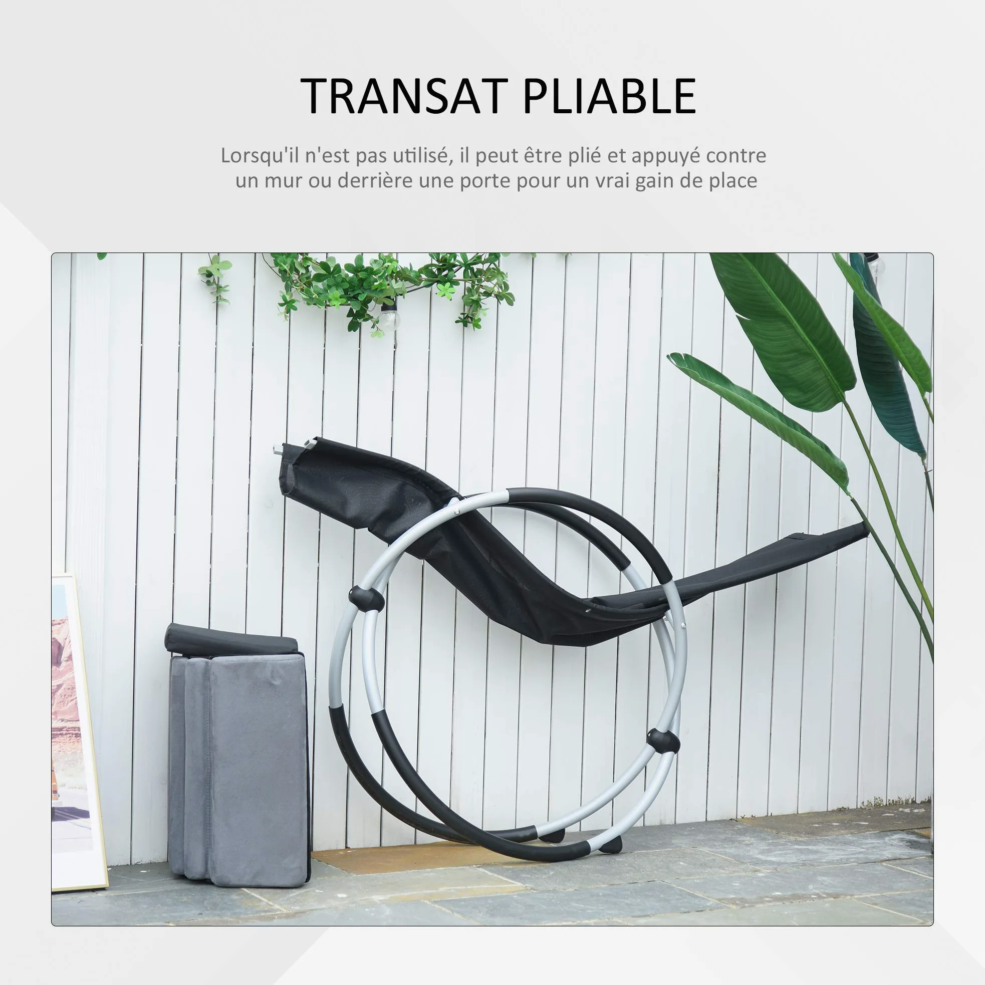 Outsunny Chaise Longue à Bascule Pliable Rocking Chair Design Contemporain avec Matelas revêtement Aspect Daim métal textilène Gris Noir