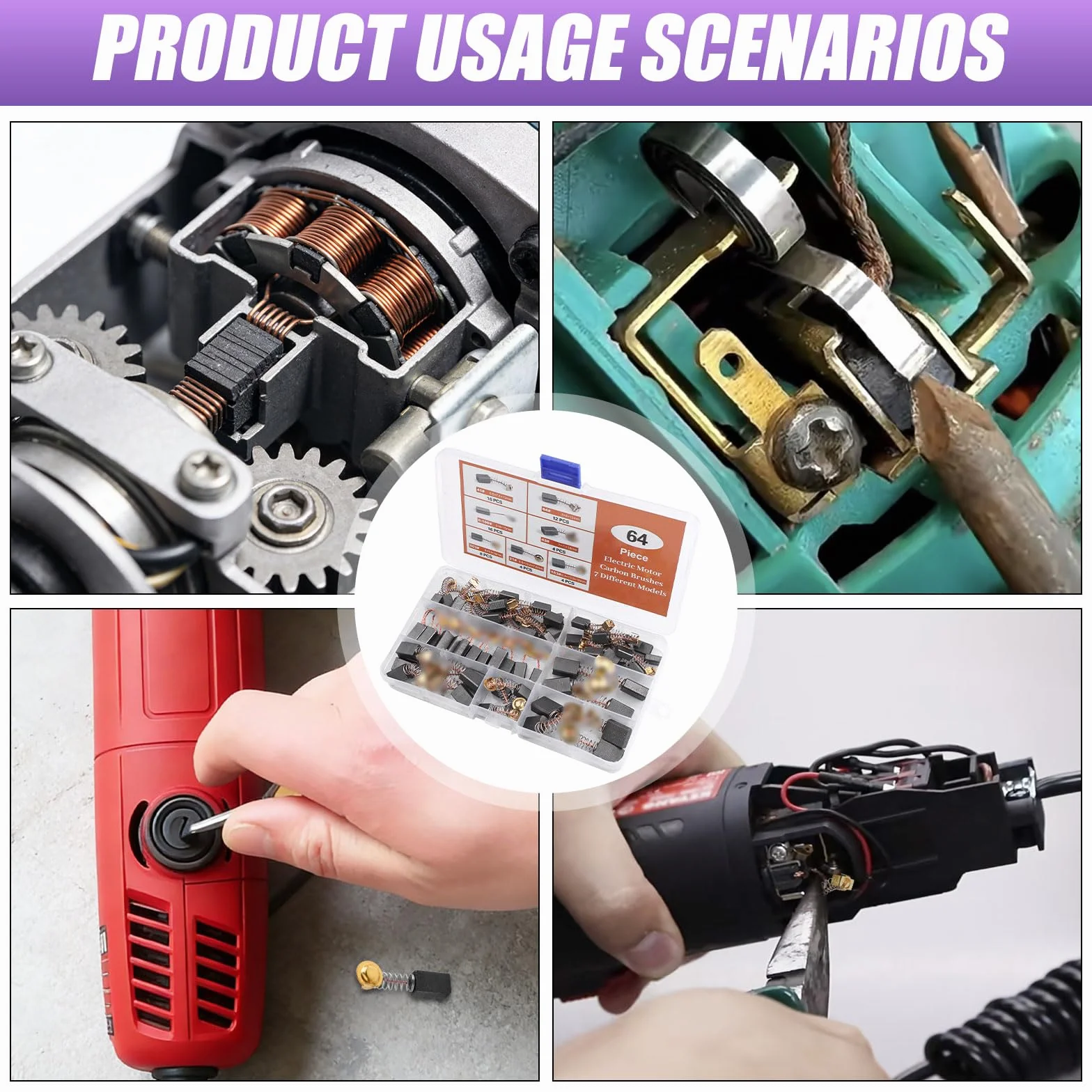 Balais de Charbon 64 Pièces pour Outils Électriques Meuleuse Ponceuse Moteur - 7 Tailles